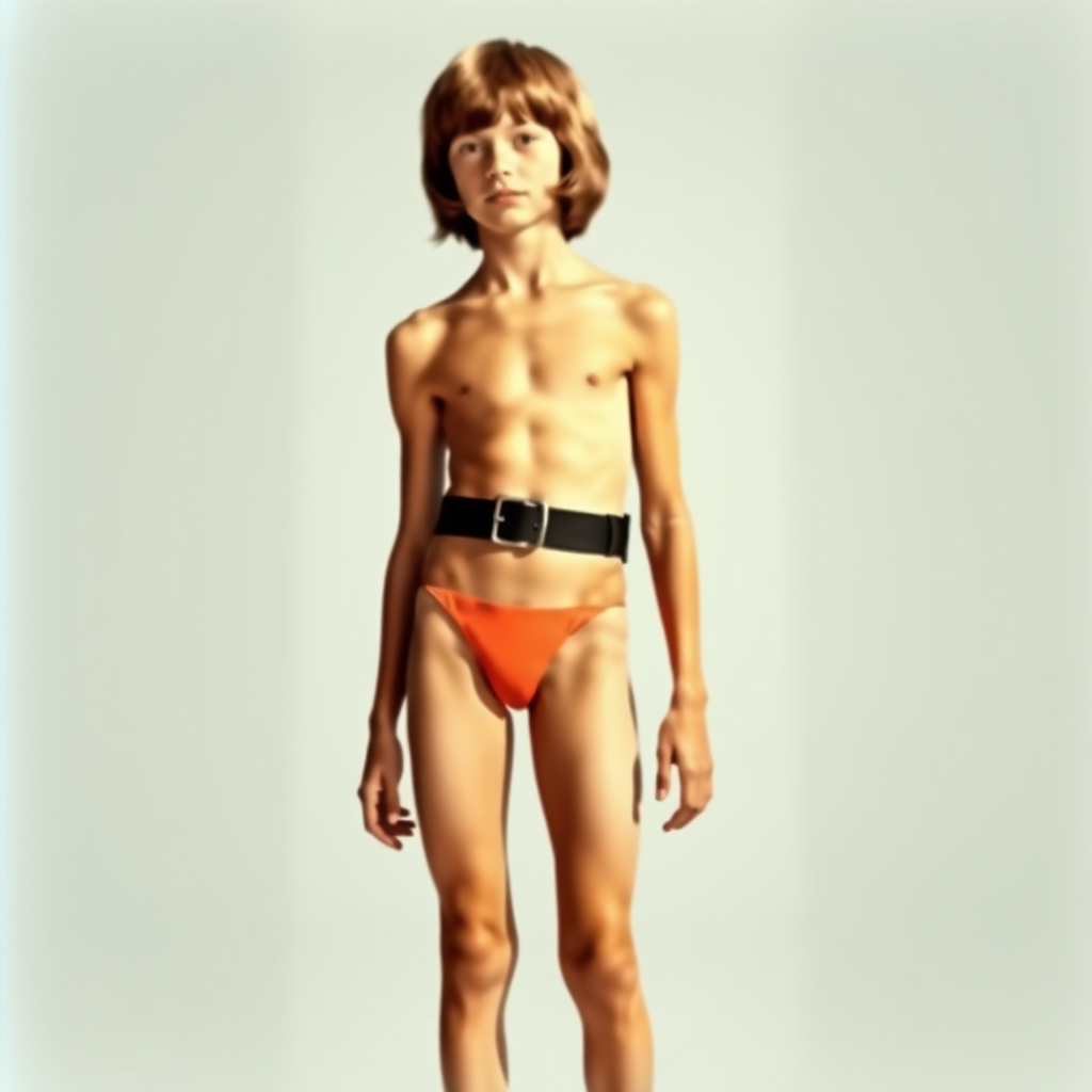 A skinny 14yo teen boy, long hair bowl cut, wearing ballet belt, long legs, narrow thighs. full-length view. 1970s. photorealistic, ultra high resolution, 16K, Negative: grainy, blurry, bad anatomy, extra limbs, watermark.