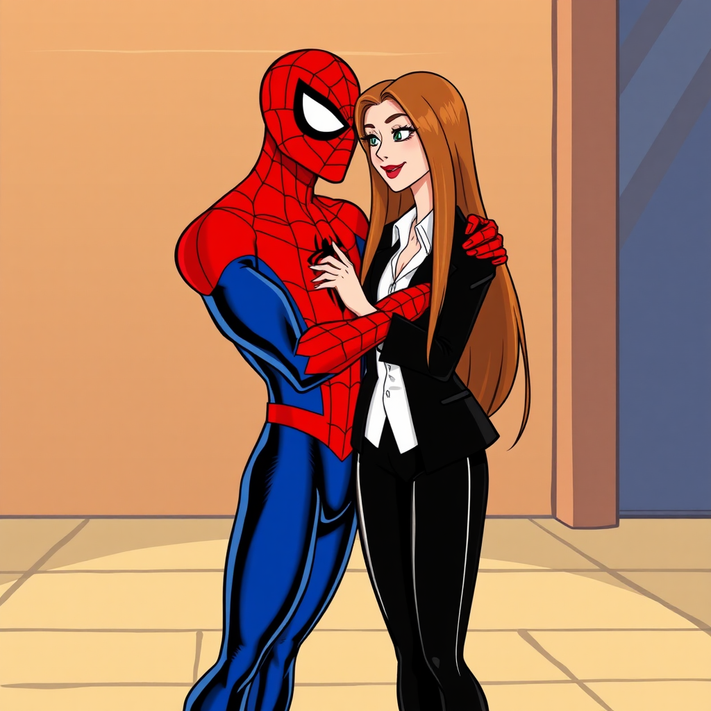 Spider-Man wearing classic red and blue Spider-Man suit and a beautiful straight long haired female burglar in a black blazer over white shirt with black pants hugging each other as a loving couple in the 90s cartoon.