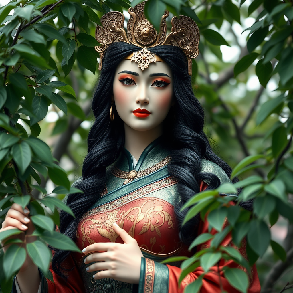 The Wonder Woman in Hanfu, the Chinese mythological figure Chang'e wearing JK costume, A sculpture surrounded by green leaves. The soft focus photography portrait was taken in the style of provia from below with naturalistic poses, style raw.