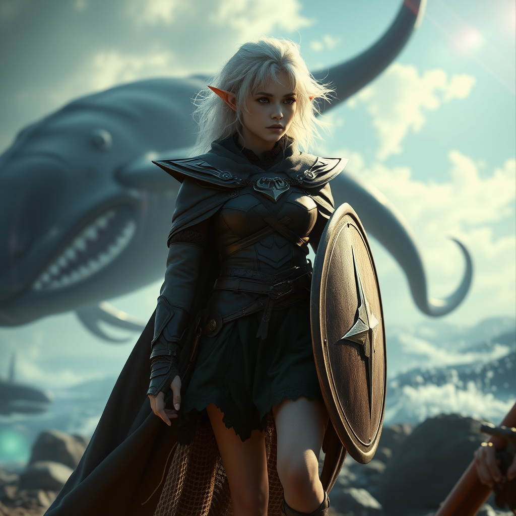 A twenty-something elf girl like (ana de armas). messy shoulder length white hair. wide triangular shoulder pads, flowing cloak, leather armor, shield, skirt, high heel ankle boots. giant squid battling a whale in the background. WLOP style. Photorealistic digital matte painting, highly detailed, film grain, lens flare, chromatic aberration.