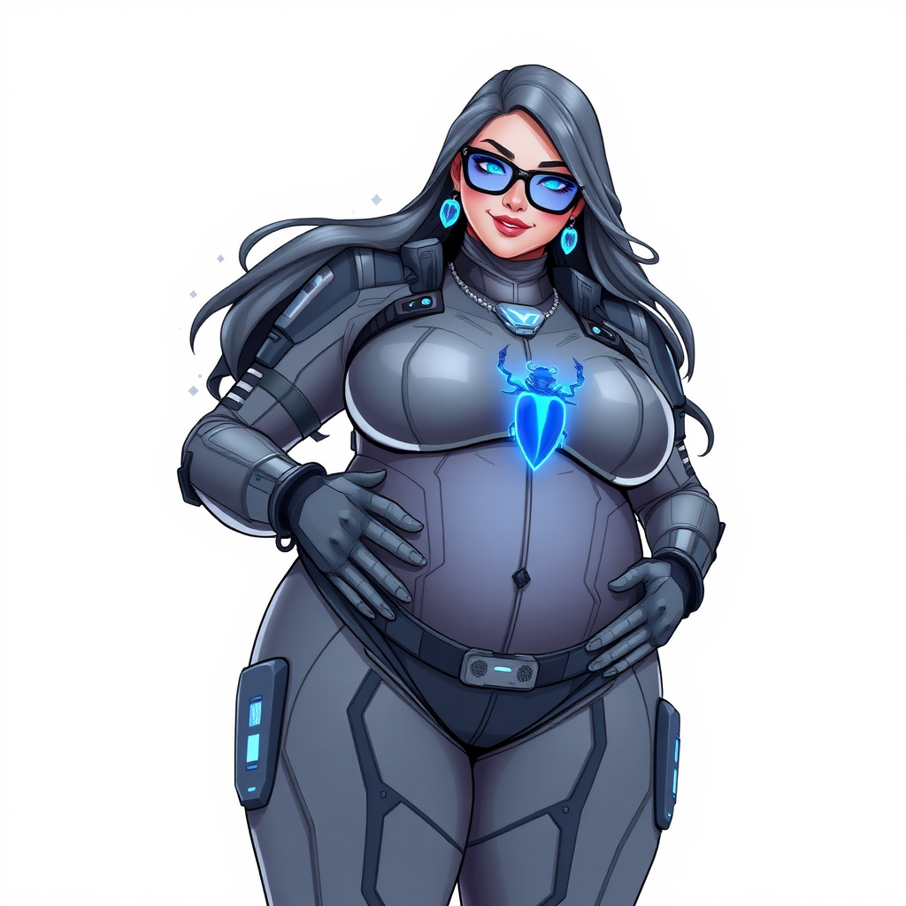 A 29-year-old computer science major, she is the devoted girlfriend of a vigilante and serves as his dotingly pampered, full-figured, nerdy digital sidekick. She is a Computer Program hybrid, with a unique, metallic Middle Gray (N5) skin color that matches her suit and hair, making her resemble a computer program. Her long hair, suit, and skin are all Middle Gray (N5). Her neon blue eyes are mesmerizing. Her full figure, especially her prominently gargantuan round midsection, shows just how heavily fed and pampered she is, with sequoia-sized limbs and broad shoulders.

As a loyal and supportive sidekick, she plays a crucial role in their missions, using her digital prowess to assist and protect. She wears a blue sapphire scarab necklace and blue sapphire earrings, which she received as symbols of their love before his 5-year disappearance. Her digital and computerized biker suit, also Middle Gray (N5), covers her entire body and is adorned with a neon blue beetle emblem on its chest. The suit is equipped with high-tech features, including holographic displays and integrated hacking tools. She has matching high-tech gloves. She emits neon blue data cubes from her body, set against a solid white background.

Heavily, attentively, and immensely pampered through being well-fed since their reunion, her full figure clearly shows the extent of care she has received. Despite her digital enhancements, she retains her human vulnerabilities, including hunger and sleep, and is not immune to human weaknesses. She has the ability to hack into computers and machines, and her nerdiness is blatantly obvious with her black oversized eyeglasses. Her full figure, especially her gargantuan midsection, is prominently displayed and heavily emphasized. Her outfit, influenced by DC’s Jennifer Knight Phantom Lady, remains distinct.

Despite her boyfriend’s limited resources, she assists in the war on crime by serving as a minicomputer, traveling in a high-tech wristwatch and supercar’s computer system. Using her hacking abilities, she relays crucial knowledge related to missions. She is often seen sitting in a giant lounge chair, contently patting her stomach with a beaming smile and a neon red blush. She is drawn as if she was in a retro 2D cyberpunk fighting game.