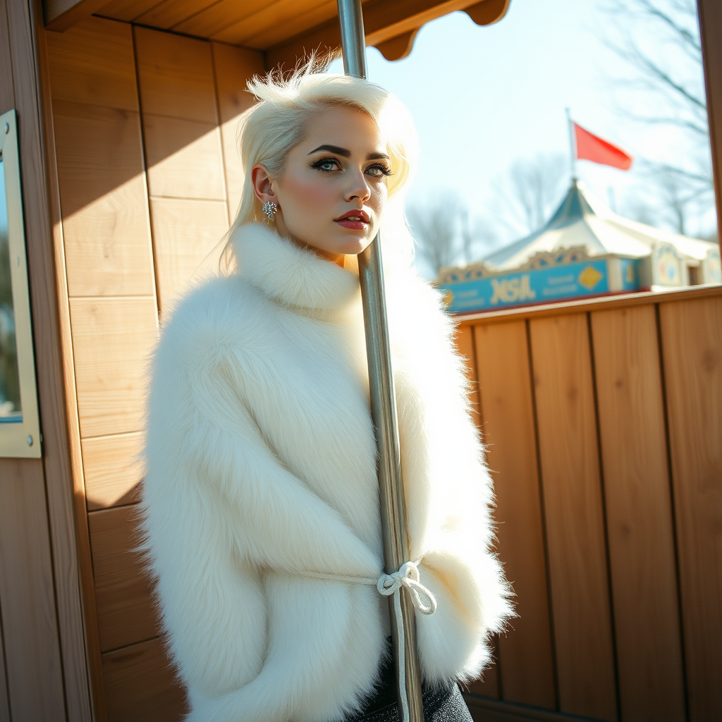 Amusement park wooden “kissing booth”, sunny spring Sunday morning. Sam, 19 years old beautiful involuntary femboy, rebellious intractable character, petite boyish figure, platinum blond boyish rebel punk hairstyle, flawless heavily made-up face with sharp arched tattooed eyebrows, wearing Supertanya-style fluffy very fuzzy bright white angora thigh-length turtleneck-poncho fully covering body and arms, silver-glitter leggings, black leather high-heeled pumps, silver earrings, both hands tied to pole behind back, standing inside kissing booth, waiting for next customer to kiss. Focus on Sam’s face and turtleneck-poncho.