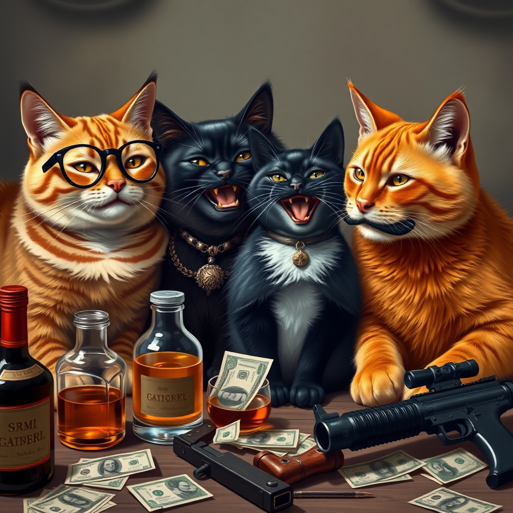 4 cats, a brown one with round half glasses, a dark brown one with a necklace and gold teeth, a small black one with earrings, and an orange one with an Hitler-style mustache, all laughing together around a table with alcohol, bills, and realistic weapons.