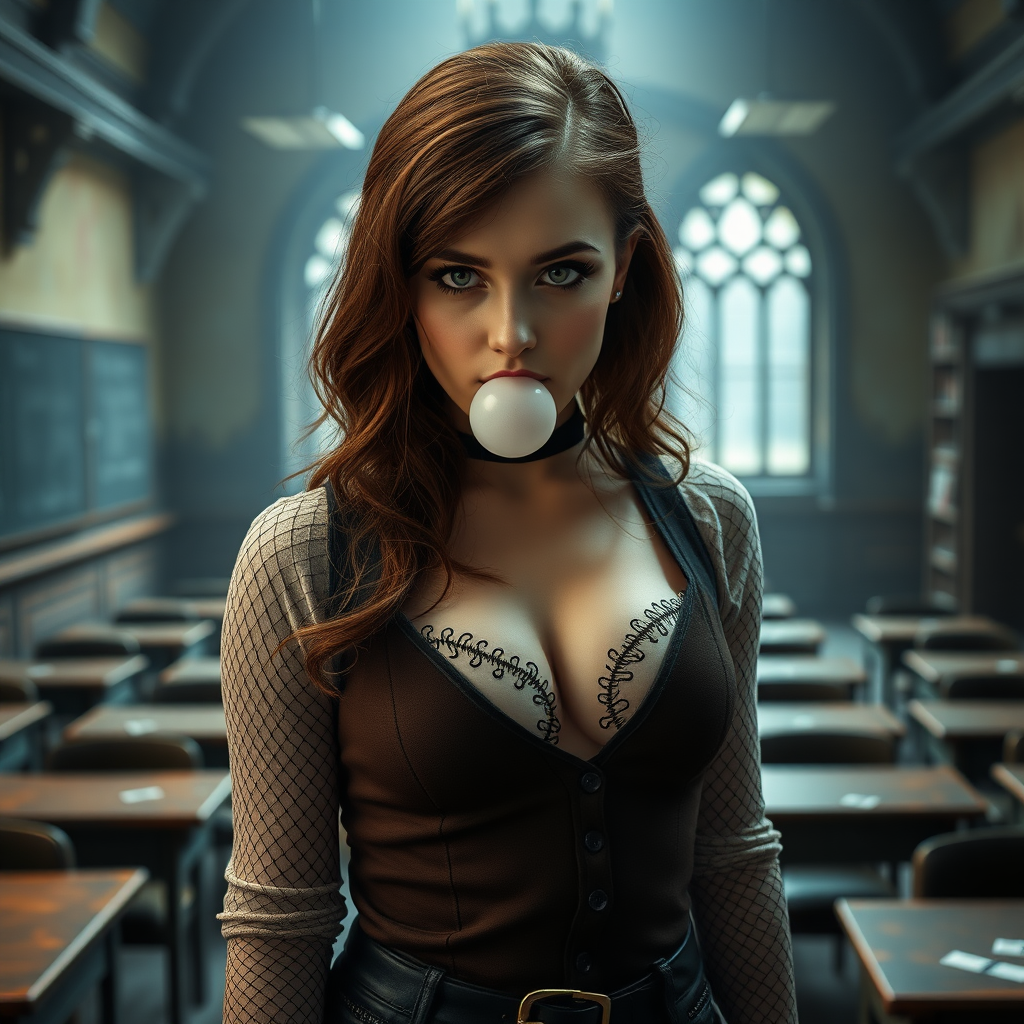 emma watson as hermione granger in goth clothes, brown hair, seductive, chewing bubble gum, black eyeliner, fishnets, high heel boots, revealing hogwarts uniform, cleavage, full body shot, erotic, teasing, dark moody abandoned hogwarts classroom in background, photorealistic, ultra high resolution, 16K