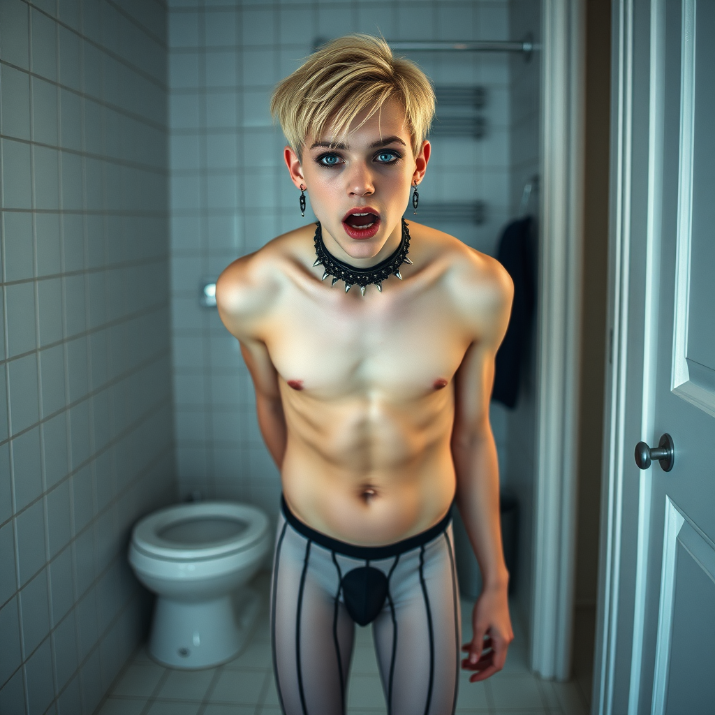 photorealistic, ultra high resolution, 16K, surreal fantasy, soft studio lighting, Caleb Swift is a pretty 16 year old goth male, slim male physique, blonde hair, blue eyes, goth makeup, earrings, white & black vertically striped pantyhose, spikey neck collar with chain, standing on the floor of the bathroom, excited mouth, bulging crotch, full body front view of Caleb facing the camera.