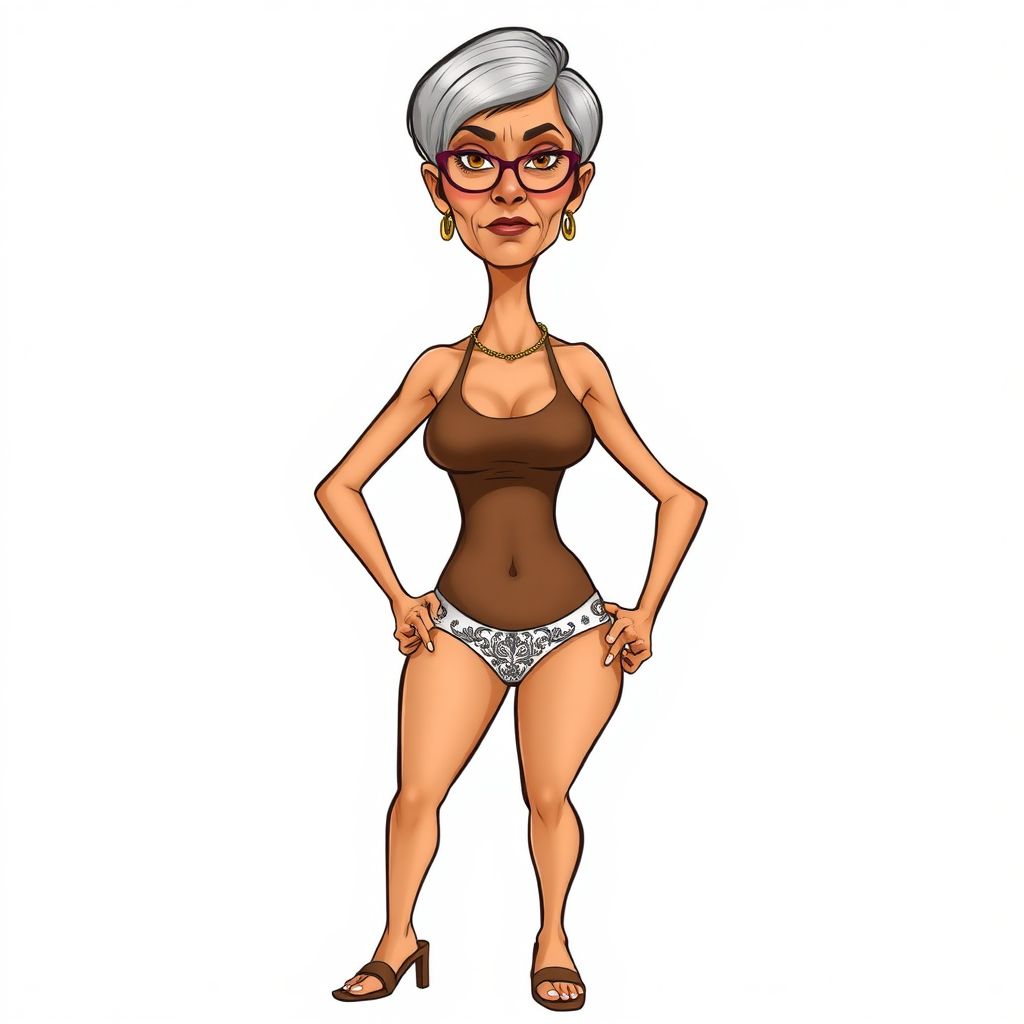 a towering 55 Years old, fit, slim, European, Latina, sharp aquiline nose, wrinkles, high cheekbones, Middle Eastern, Skinny, Tanned skin, Dark light skin, Rounded Medium breasts, Skinny thighs, full Makeup, jewelry, Serious face, Sharp nose, Ash hair, short bowl haircut, Brown eye color, Glasses, with detailed features. Hands on hips, she is wearing a transparent brown tight tank top and hyper tight white embroidered thong, detailed fabric. full body, high heels sandals, she is gesturing at the viewer, long establishing shot, 2D, caricature, cartoon, Sketch lines, coloring book, nlack and white, coloring book style on white background, well composed, clean coloring book page, No dither, no gradient, strong outline, No fill, No solids, vector illustration, realistic proportions