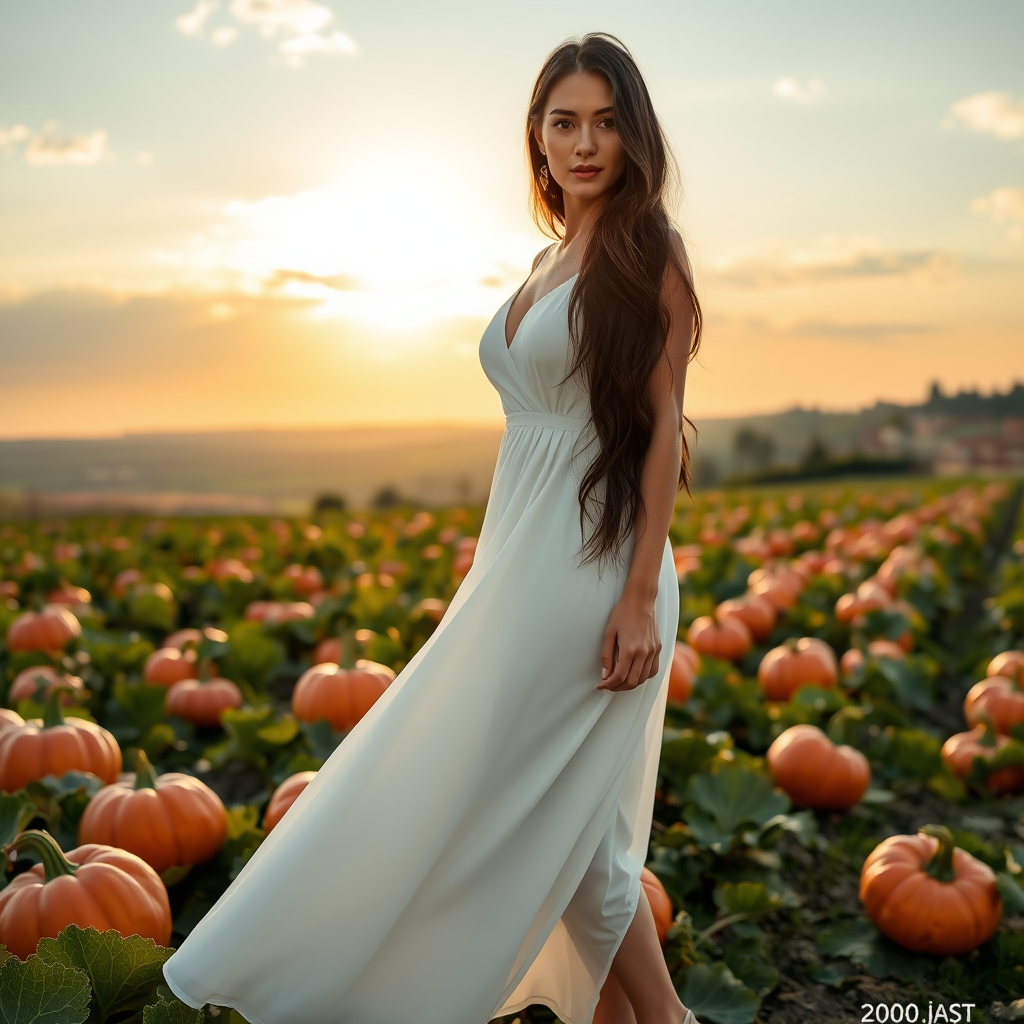 Beautiful model in a long white dress, medium-length layered black hair, wearing 12 cm heels, in the background a field of large red pumpkins, in the background the Venetian countryside, sunset sky with sun and clouds.