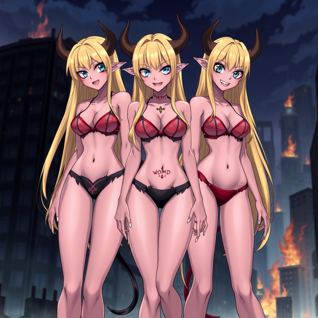 Anime, city burning background, 3 mischievous tall-slender demon girls, long blond hair, blue eyes, wearing sexy micro bikini bra-like clothing, g-string, womb tattoo on belly, mischievous smile, large breasts, full body, long legs, looking at viewer.