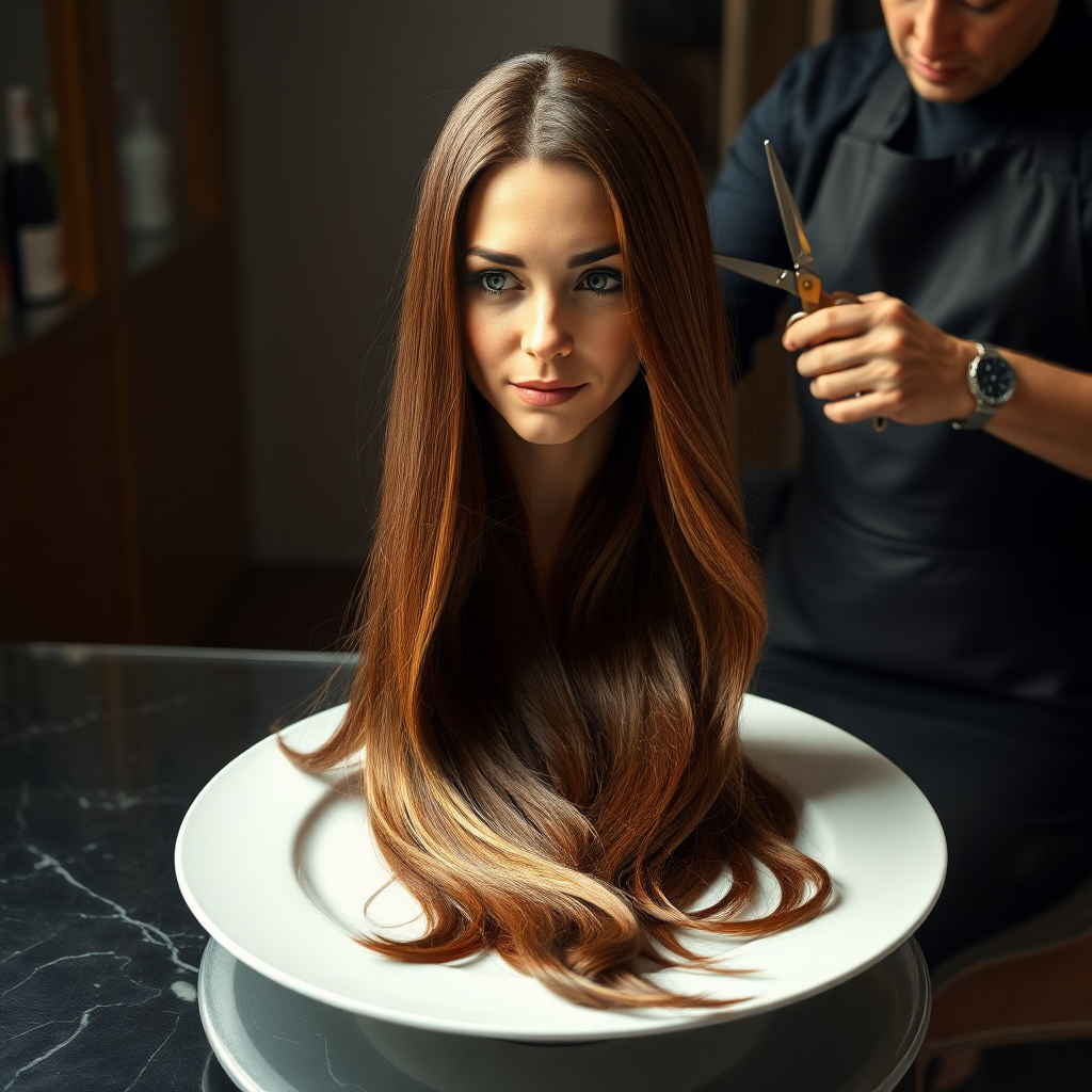 In a bizarre, surreal tableau, the polished surface of an elegant dining plate cradles the disembodied head of a strikingly beautiful Kate Middleton, her long, flowing hair cascading like a glossy waterfall of deep chestnut and honey highlights. The hair is luxuriously arranged, strands shimmering under the soft, ambient light that bathes the scene in an ethereal glow.

A skilled hairdresser, clad in a sleek black apron, stands poised with a pair of gleaming scissors, carefully trimming the endlessly luxurious locks that frame Kate's serene, almost ethereal features. The air is thick with the scent of salon products mingling with delicate hints of floral fragrances, creating an unusual yet strangely inviting atmosphere. The hairdresser's focused expression reveals a meticulous dedication as snippets of hair fall gracefully onto the pristine plate, echoing a sense of both artistry and absurdity.

The overall emotional tone conveys a dreamlike quality, inviting viewers to ponder the juxtaposition of beauty, identity, and the bizarre circumstances that bind them in this extraordinary moment.