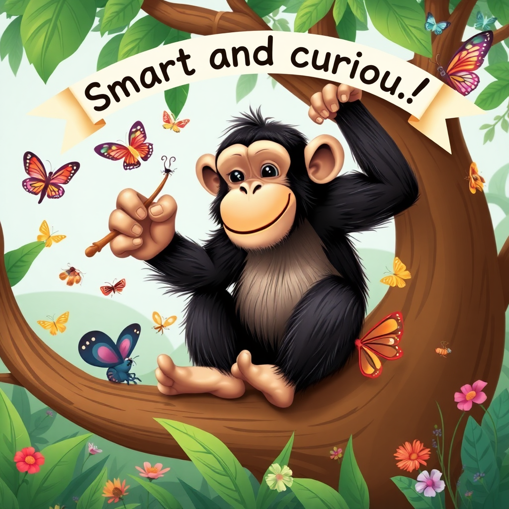 A whimsical scene of a playful chimpanzee sitting in a tree, using a stick to catch insects, surrounded by colorful butterflies and other jungle creatures, with a banner above its head that reads: "Smart and curious!"