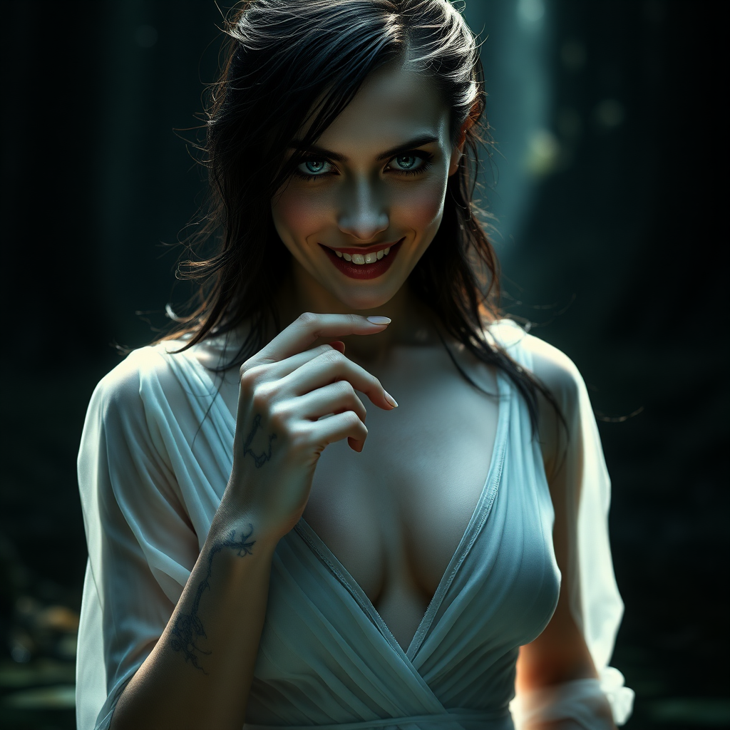 Enigmatically alluring inviting and scary looking smile.  
Running through secretive place, a small pond with God rays of light shining on her face in a glade in a tall magical forest where she lives, ready for a nude swim at any moment.  
  
The image presents Beautiful Hell standing with a powerful and commanding presence. She is a hyper photo realistic woman, visibly sweating, exuding menace, sexuality aroused and beauty. The background is dark and mysterious, enhancing her enigmatic presence and adding depth to the image.  
  
Her dark raven-black hair cascades down in soft, wavy strands often caught in a breeze, contrasting sharply against her pale, flawless unblemished skin with delicate feminine sexual tattoos sprinkled around her body.  
  
Beautiful Hell has a strikingly beautiful face with fine unbroken porcelain white skin and smooth defined features. Her mouth slightly open, with an index finger laying on her lip and the tip of her finger in her mouth. And her teeth are hyper realistic.  
  
Her eyes are sharp and in focus when zoomed in to one of her eyes. Her eyes are a piercing blue, intensely realistic, bright and crisp, and realistically detailed and deep are intense and captivating, capable of drawing you in, and intimidating anyone who meets her gaze. Her eyes show an intense need to own the viewer, framed by long dark lashes, adding to their dramatic effect. Her expression is sexual and menacing and intense, reflecting her dual nature.  
  
Emotional and Visual Impact:  
The image evokes a sense of raw sexual attraction and admiration for Beautiful Hell’s beauty, body, intricate revealing, intimacy, and intensity. The combination of transparent sheer fabric, a deep and wide plunge line that reveals the edge of her nipples, and delicate ultra-light white silk of her dress creates a balance between elegance and sexual allure, making her beautiful to linger your gaze upon, unavoidably sexually attractive, and intimidating. The visual intensity of the image is heightened by the dark, mysterious background, which adds to her enigmatic presence. The overall emotional response is a mix of admiration for her beauty, a subtle unnerving sense of fear or respect, and mostly for her bold, daring, sexual attention demanding design that she wears to specifically honor her deliberate and lead the viewer to physical sexual attraction to her. Her demeanor and physical exposure are outrageously bold, giving her an openly gleeful and ecstatic smile reflected in her brilliant blue eyes, inviting anyone to oppose her.  
  
Dress Design and Features:  
Plunge Line: The dress, made of a thin revealing silk, shows the colors of her areolas, and features a deep and wide plunge line that extends to just below her belly button, revealing the smooth skin of her torso and her belly button, emphasizing the dress's allure and Beautiful Hell's alluring natural sexuality. The dark, remarkably fine silk of the dress clings closely to her figure, accentuating her curves and emphasizing her feminine form.