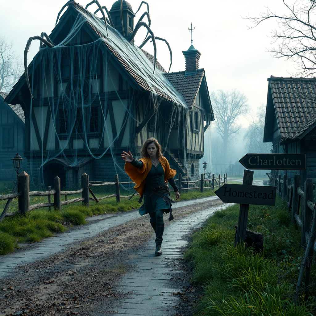 A wide distance shot of a female thief in a pastoral fantasy town, a house swarming with giant spiders and covered in cobwebs. She is fleeing from someone. Roads sign with "Charlotten Homestead."