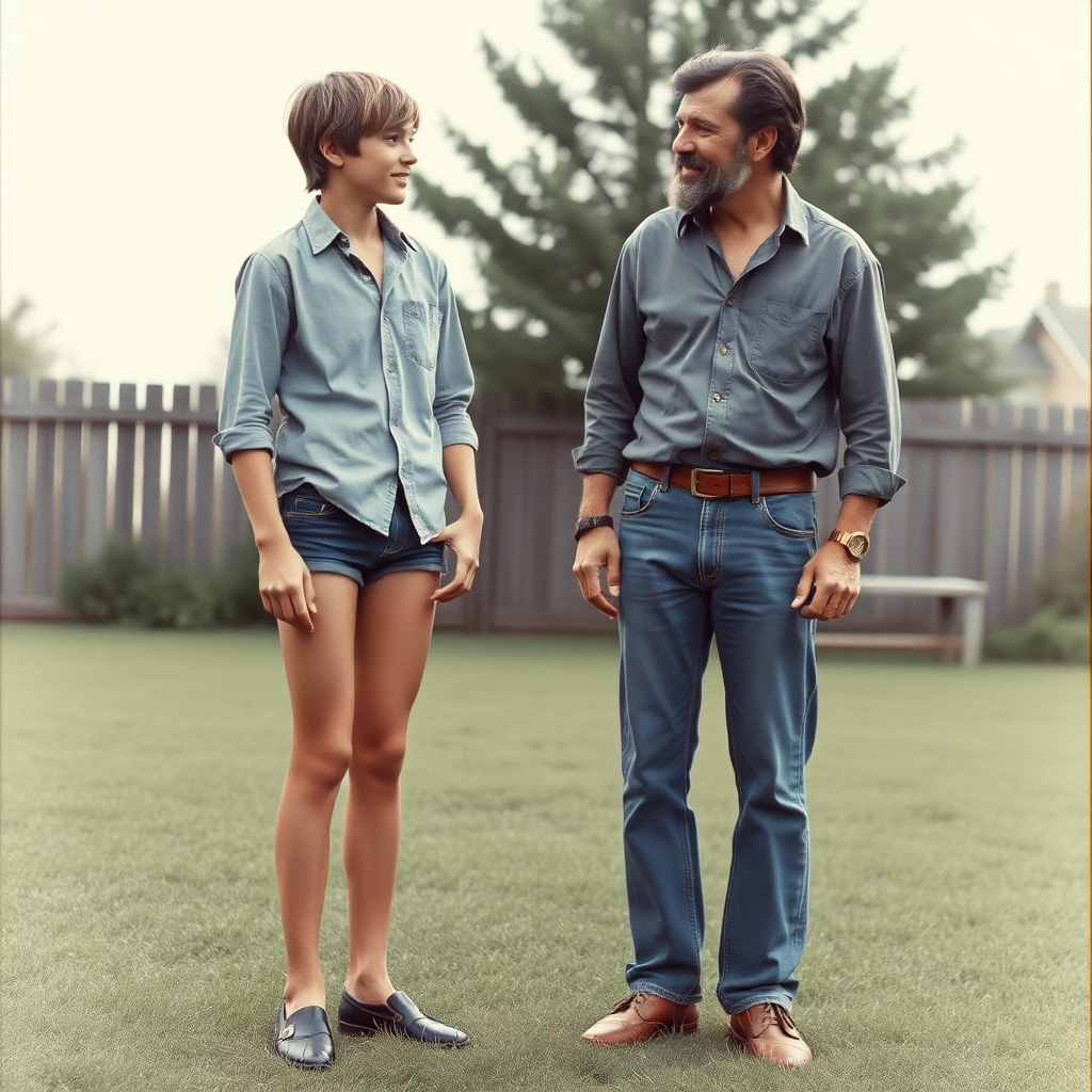 tall 14yo teen boy, long hair bob cut, wearing shirt and very tight booty shorts, long legs, narrow thighs, full-length front view. with bearded father wearing shirt, long jeans, shoes. looking at each other. 1970s. At backyard. photorealistic, ultra high resolution, 16K, Negative: grainy, blurry, bad anatomy, extra limbs, watermark.