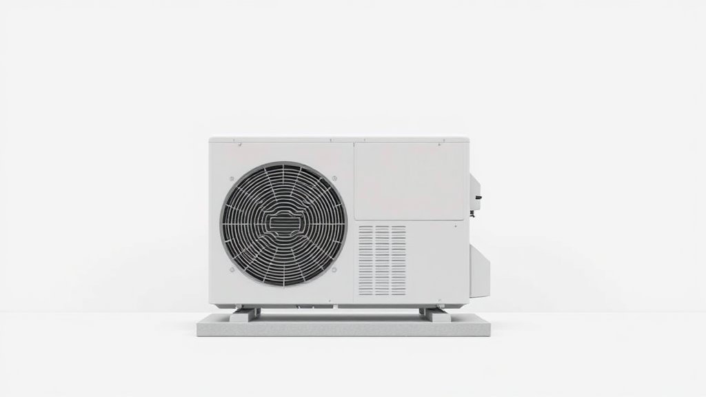 A simple, high-resolution, realistic photo of a standard residential outdoor air conditioning unit or condenser. The unit should be placed on a flat surface. The unit should be a neutral color. Plain, uncluttered background. No text.