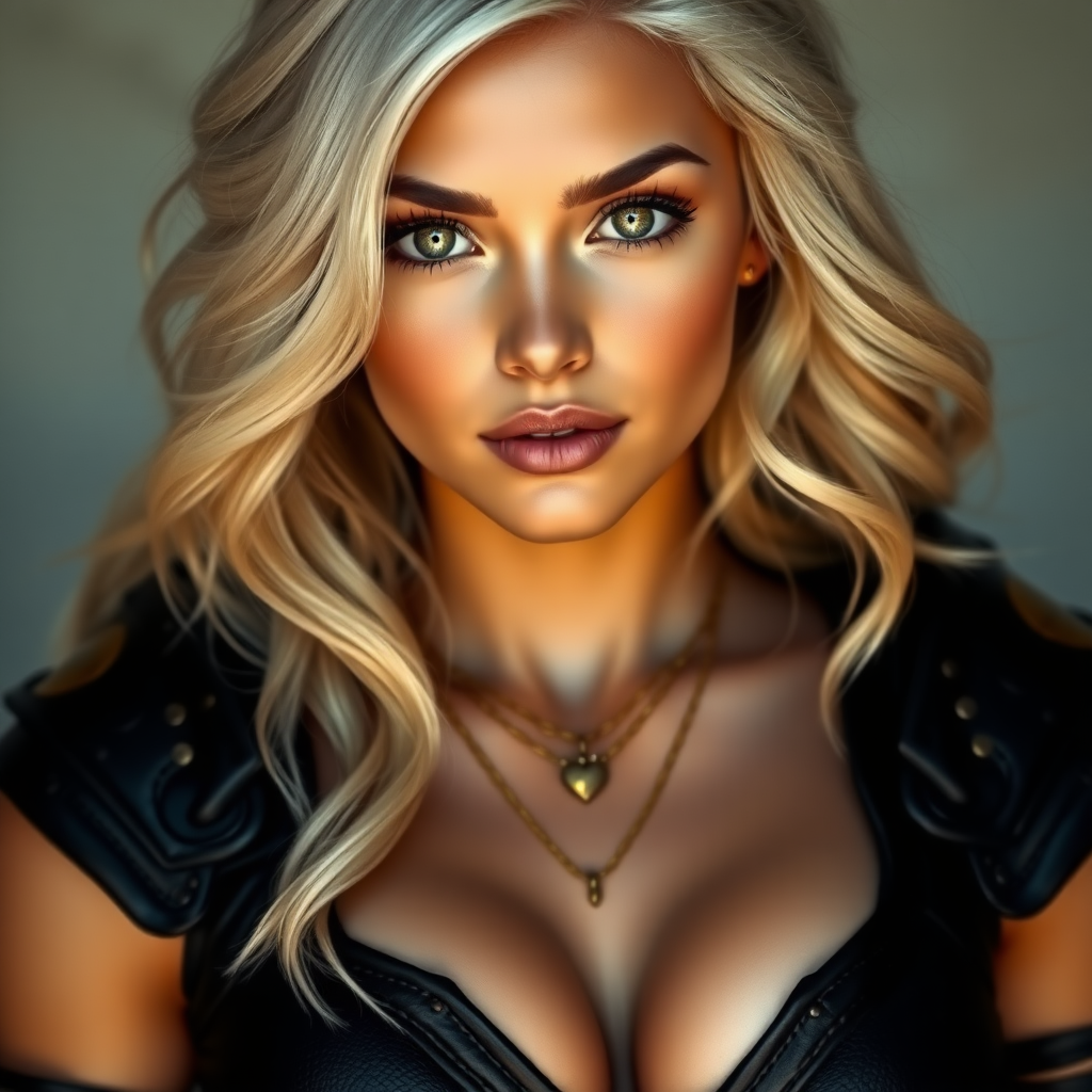 Portrait of a beautiful young woman with long wavy platinum blonde hair, green eyes, a suntan, light brown eyebrows, and large breasts. She is wearing black leather armor and a gold necklace with a small heart pendant.