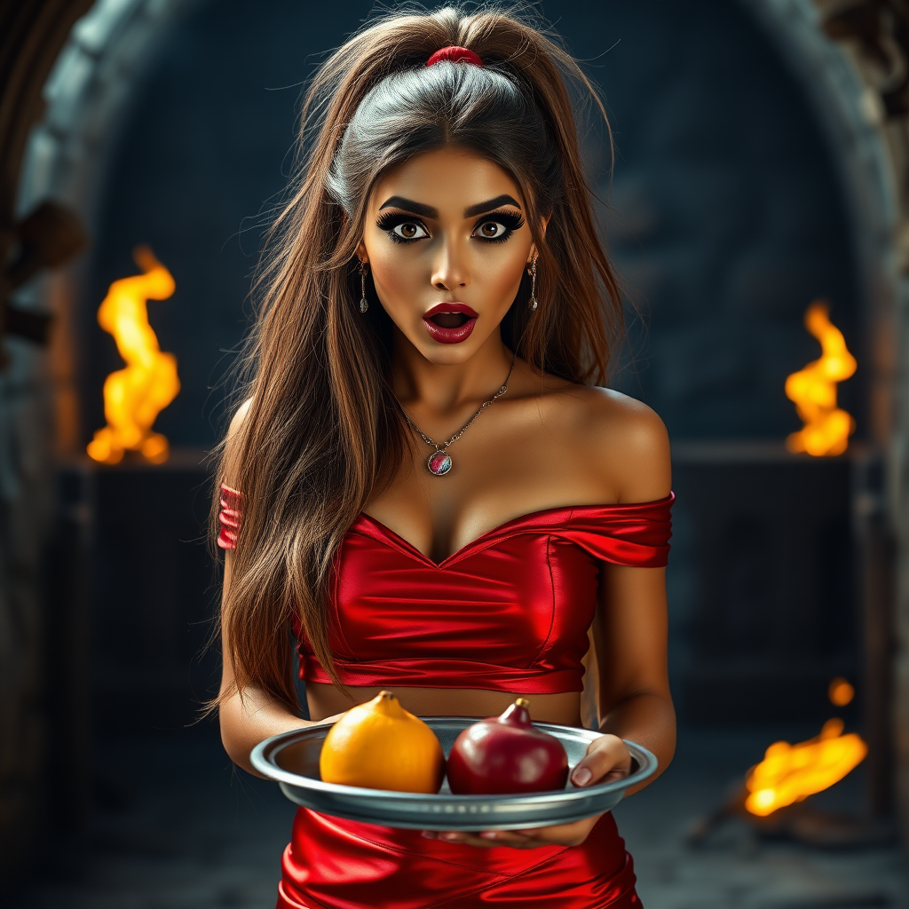 realistic photo of a surprised Arabian model with mouth open looking at the camera. She has very large eyes, black eyeshadow, black eyeliner, fake eyelashes, very tanned skin, very long hair. very high ponytail, she look likes princess jasmine, shinny red off shoulder crop top. photo realistic. She holds a metal tray with fruits just above her waist. crop top, shinny red skirt. full body view. shinny red pencil skirt. dungeon with fire torches in the background.