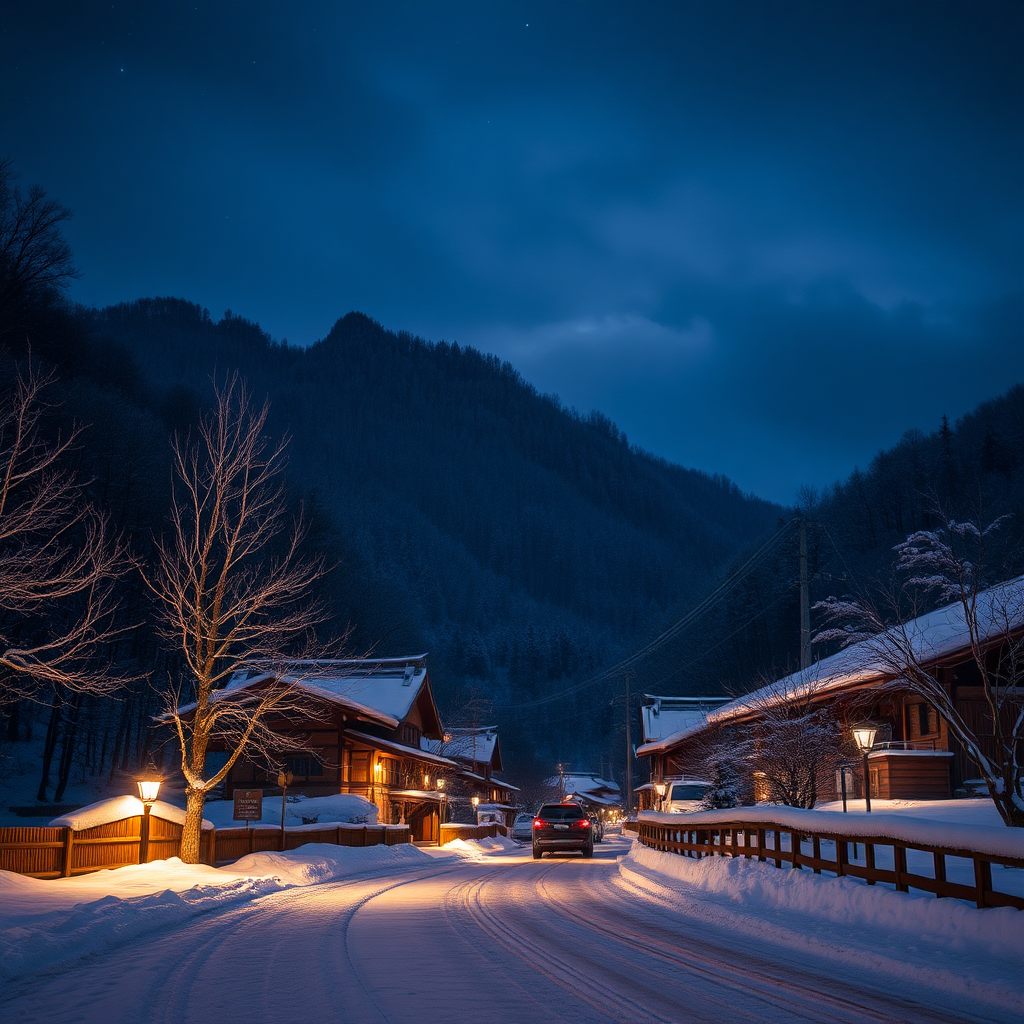 winter in japanese mountain setting at night