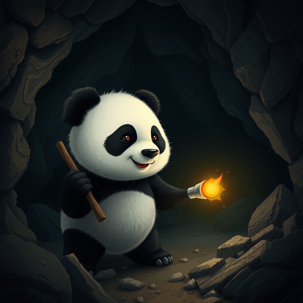 A photorealistic picture of a panda holding a torch while exploring a dark cave.