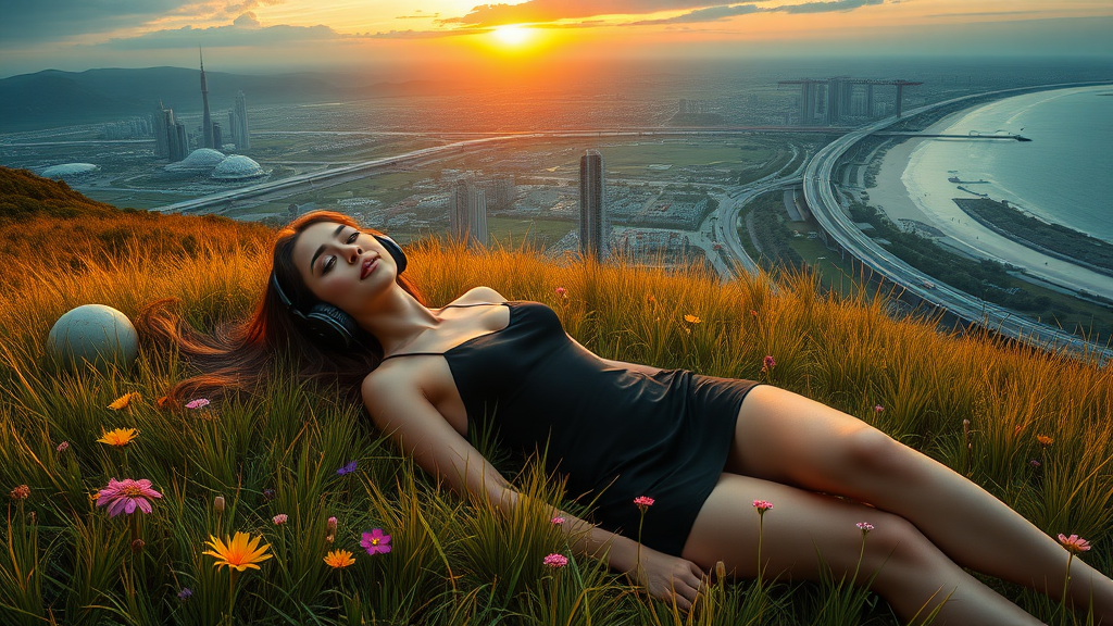 pretty azian woman long hair, pretty short black dress, lay in the grass with flowers, with headphone, alien planet, aliens buildings, with nice greenery flowers and rivers, beach, nice sunset, highways and streets, ultra realistic view high detail