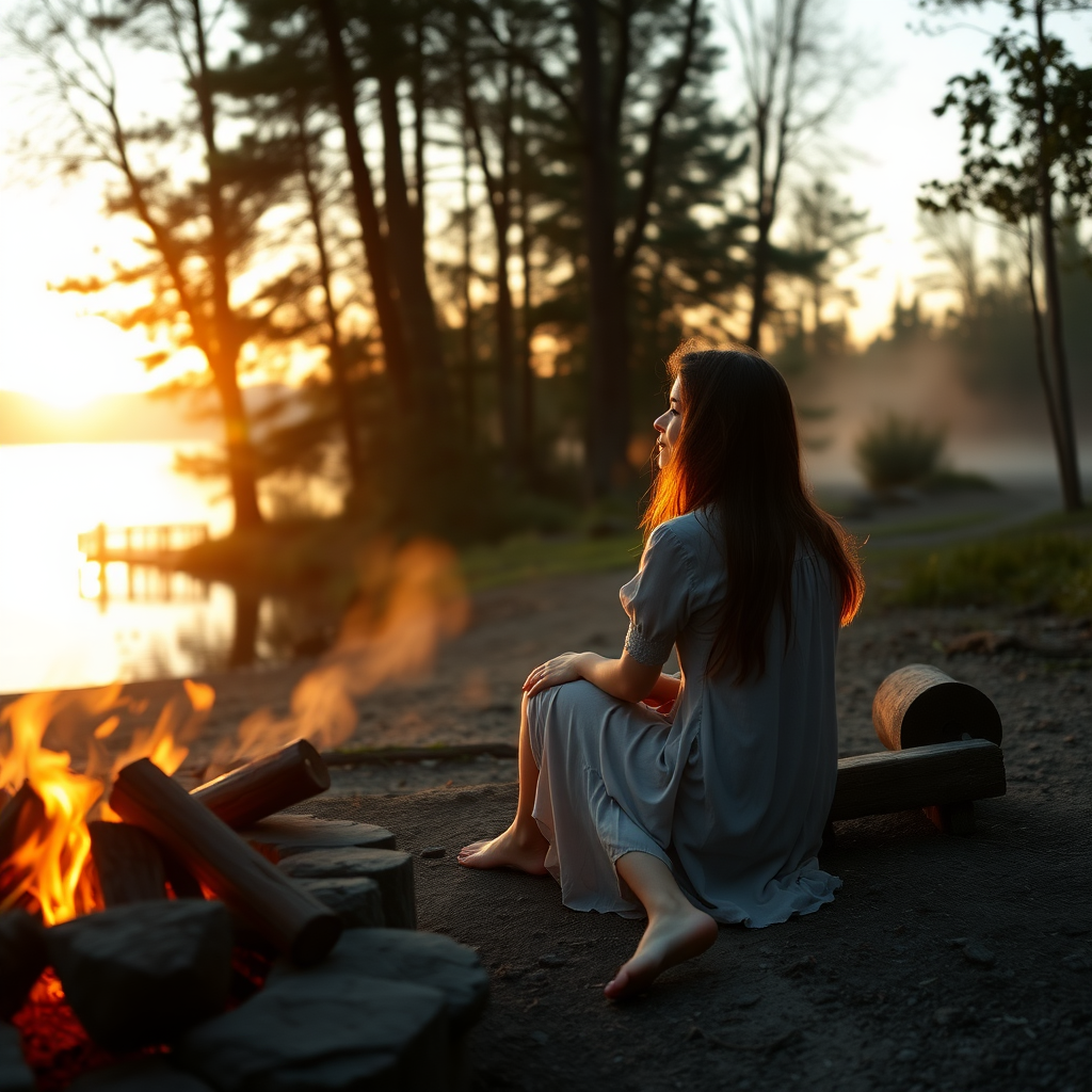 A young woman and her friend sitting at a fireplace on the shore of a lake. She has long brunette hair. She is wearing a dress. Barefoot. She is looking at him with love. The sinking sun is falling through the trees. A little fog is rising from the lake. Light like in a fairy tale, a bit mystic. Photo.