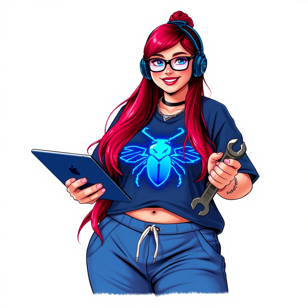 A cyberpunk vigilante’s full-figured intelligent and tech-savvy 29-year-old girlfriend, who is a computer hacker and tech genius. She has a long ruby red ponytail and bright blue eyes. She wears a sapphire beetle gemstone necklace, an oversized Maximum Blue (RGB 71, 171, 204) t-shirt featuring a giant neon blue chest icon of a winged beetle, and matching Maximum Blue sweatpants. She has a full-figured physique with a prominent round midsection, reflecting her well-cared-for lifestyle. She sports a sapphire headset with a hi-tech sapphire lensed HUD visor, Maximum Blue (RGB 71, 171, 204) lipstick, black eyeglasses, and a beaming smile with a passionate bright red blush. Despite her figure and a lack of self-esteem, she radiates an air of beauty. She has an angular face which contributes to her radiant beauty. She serves as his tech expert from his hideout, holding a holographic tablet and a hi-tech tool wrench. The background is solid white. She is drawn as if she was in a retro 2D cyberpunk fighting game. Make sure her outfit covers her midsection.