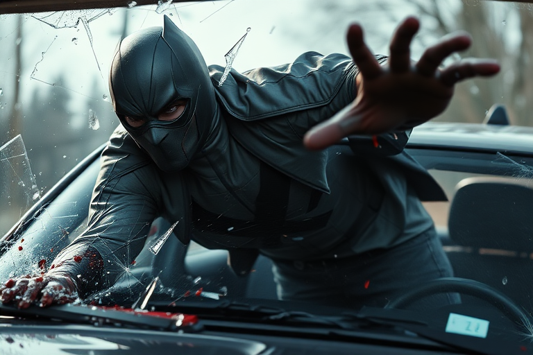 Realistic. Glass breaking as tortured, Masked Superhero propelled forward in car crash over steering wheel and out through windshield of car and out over hood of car. Blood and glass flying. Mask being torn from face by breaking windshield.