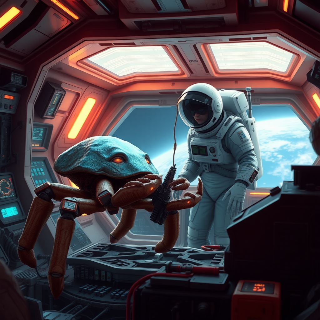 Depict Rocky, an alien from the planet Erid, aboard a high-tech spacecraft, working alongside Ryland Grace. Rocky is a five-legged creature with a crab-like appearance, covered in thick, chitinous armor. Rocky does not have eyes or a head but His limbs are arranged symmetrically around a central 5 sided body, and each limb ends in a claw-like appendage, which he uses to manipulate tools with precision. His rock like body contrasts with the smooth, sleek surfaces of the human-designed spaceship. In the background, Ryland Grace, a human astronaut in a futuristic space suit, is observing Rocky as they collaborate on repairing or analyzing a piece of alien technology aboard the ship. The environment should feel claustrophobic yet futuristic, with glowing control panels, tools, and wires scattered around the scene. Rocky’s presence, though alien, conveys a sense of cooperation and intelligence, with both characters focused on their shared task.