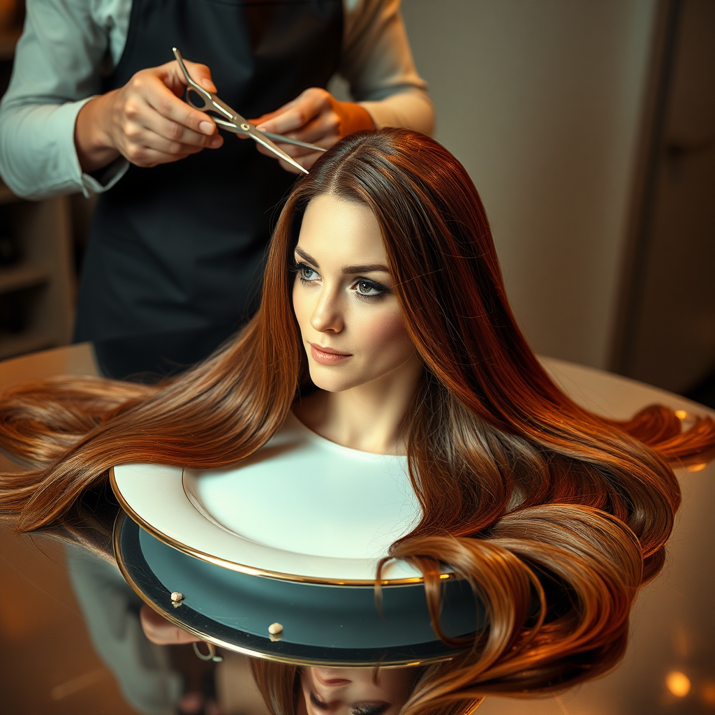 In a bizarre, surreal tableau, the polished surface of an elegant dining plate cradles the disembodied head of a strikingly beautiful Kate Middleton, her long, flowing hair cascading like a glossy waterfall of deep chestnut and honey highlights. The hair is luxuriously arranged, strands shimmering under the soft, ambient light that bathes the scene in an ethereal glow.

A skilled hairdresser, clad in a sleek black apron, stands poised with a pair of gleaming scissors, carefully trimming the endlessly luxurious locks that frame Kate's serene, almost ethereal features. The air is thick with the scent of salon products mingling with delicate hints of floral fragrances, creating an unusual yet strangely inviting atmosphere. The hairdresser's focused expression reveals a meticulous dedication as snippets of hair fall gracefully onto the pristine plate, echoing a sense of both artistry and absurdity.

The overall emotional tone conveys a dreamlike quality, inviting viewers to ponder the juxtaposition of beauty, identity, and the bizarre circumstances that bind them in this extraordinary moment.