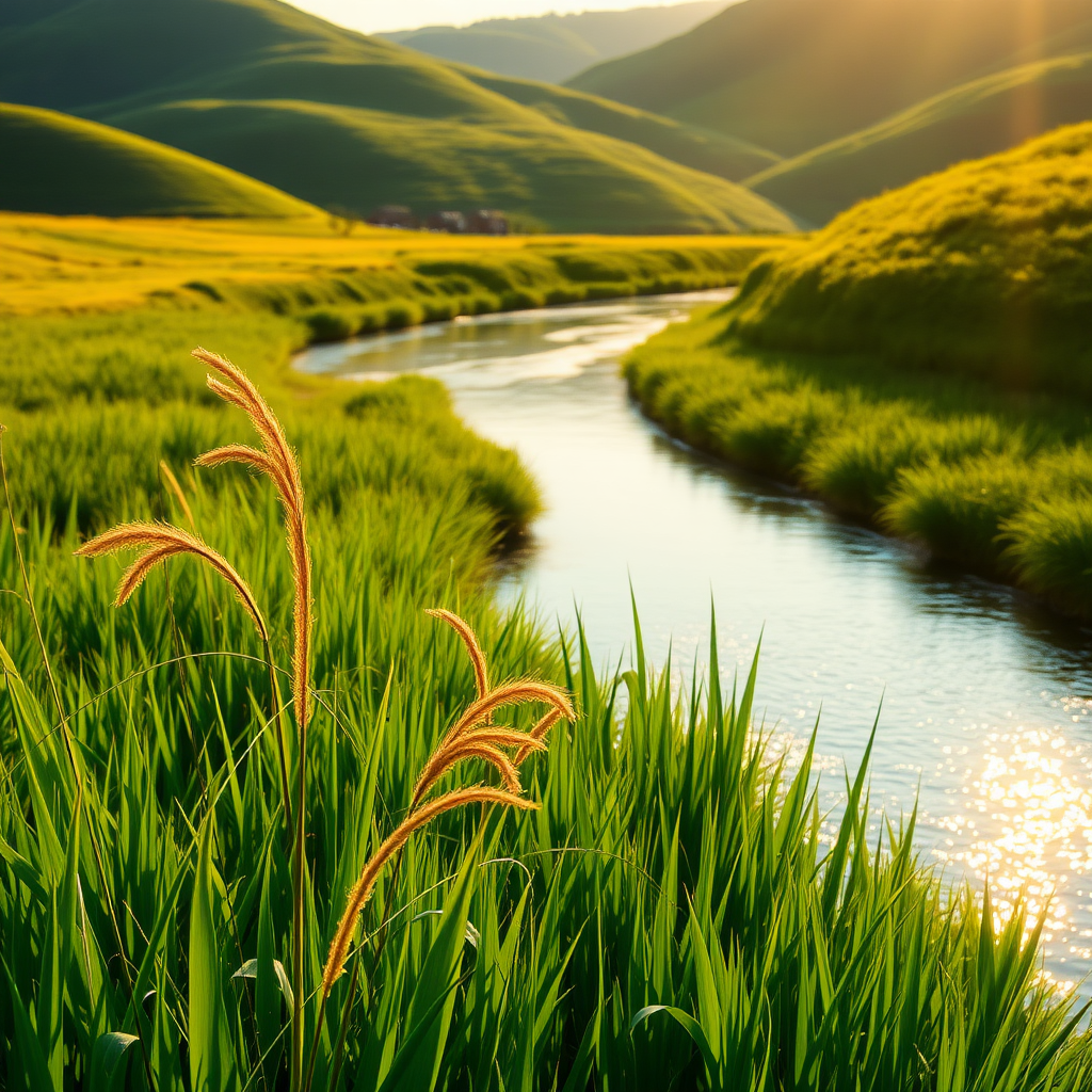 Lush waterway scene at golden hour, impressionistic style. Gentle curves of a shimmering, reflective river, glistening under soft sunlight. Tall, vibrant green grass swaying near the water's edge, with wisps of golden reeds bending in the breeze. The background features rolling hills covered in varying shades of green, casting a serene and tranquil vibe. Sparkling light dancing on the water’s surface creates a dreamy atmosphere. Dominant colors are rich greens and warm golden hues, enhancing the peacefulness of the natural setting.