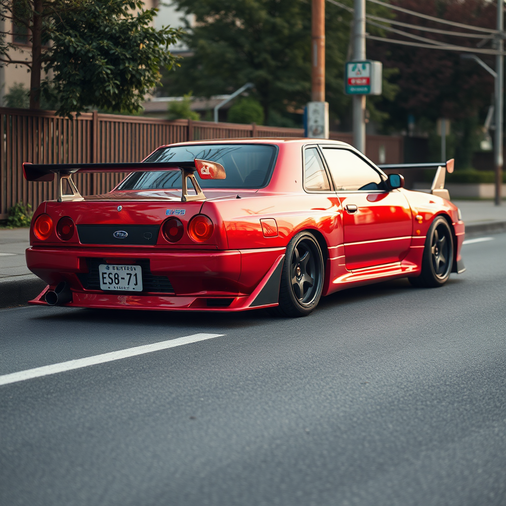 the car is parked on the side of the road, inspired by Taiyō Matsumoto, tumblr, restomod, nd4, c4 metallic shine nissan skyline r34 kalabalik tokyo gece arkaplan