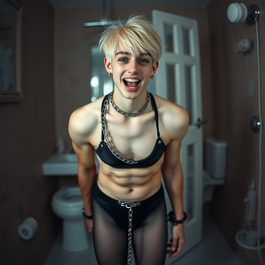 photorealistic, ultra high resolution, 16K, surreal fantasy, studio lighting, a pretty 16 year old goth boy, slim male physique, short blonde hair, goth makeup, earrings, spiky chain and leash, handcuffs, trainer-bra, pantyhose, white ballet shoes, in the bathroom, excited open mouth smile, facing the camera,