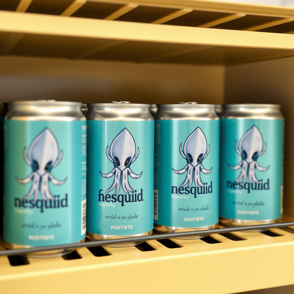 a small shelf with cans that have an image of squid on the label and text saying "nesquid by nestle"