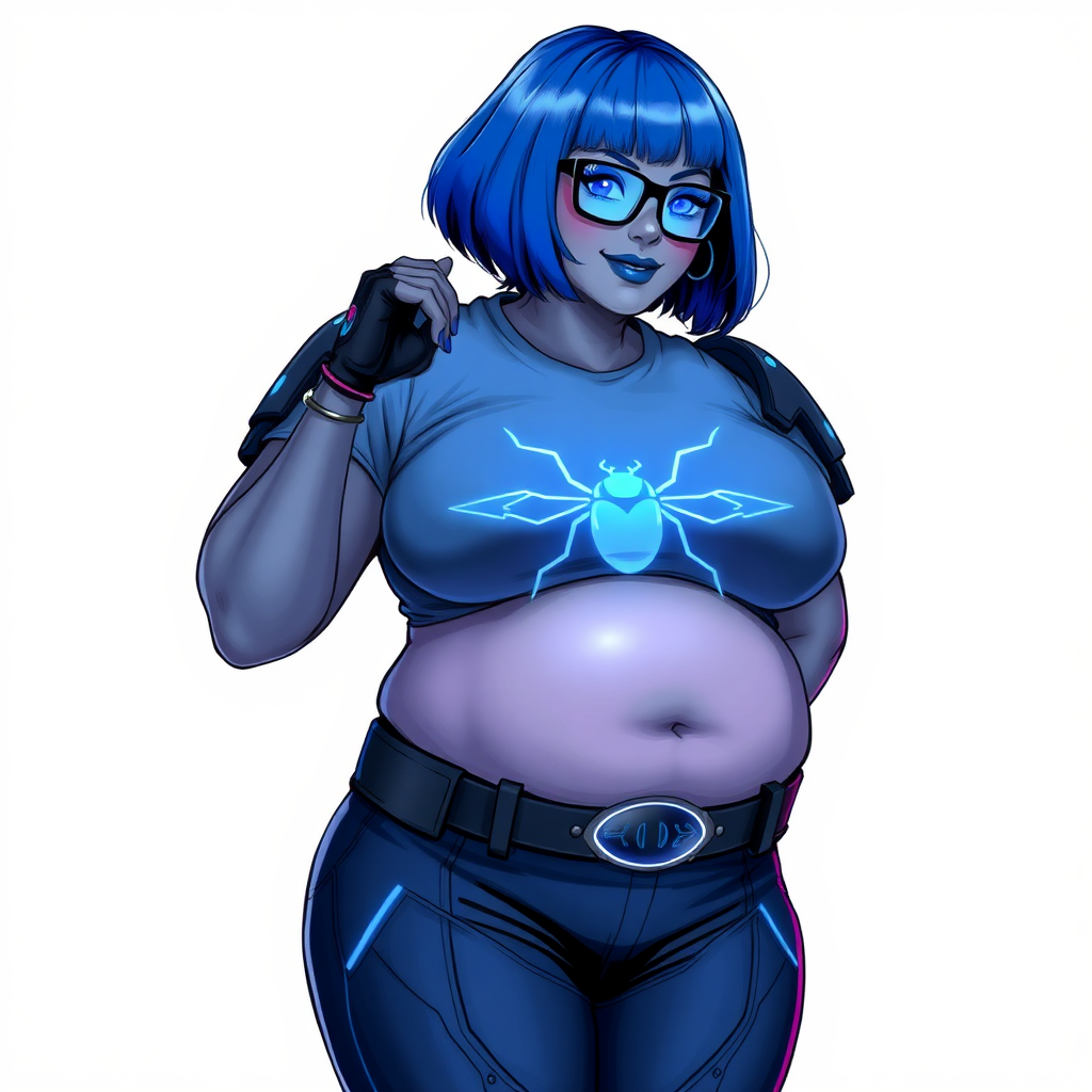 A 28-year-old, full-figured, middle gray skinned computer program hybrid with a maximum blue bob cut. She has a non-athletic build, highlighted by a prominent, round, large midsection (with emphasis on her belly), which shows the aftermath of her pampering. As the heavily pampered digital sidekick to her cyberpunk vigilante boyfriend, her middle gray metallic skin and maximum blue lipstick emphasize her digital nature. She wears a digital, computerized costume inspired by DC’s Carrie Kelly Robin, consisting of a huge, tight-fitting, maximum blue t-shirt with a neon blue glowing chest icon of a beetle, hi-tech shoulder pads with neon blue accents, a black hi-tech belt with a digital neon blue glowing buckle, digital maximum blue biker pants with neon blue accents, and black hi-tech fingerless biker gloves with neon blue glowing accents. Her neon blue glowing eyes, black eyeglasses with a neon blue glowing HUD built into the lenses, and shy smile with neon red blush accentuate her nerdiness. She stands bashfully with one hand behind her back and the other hand gently touching her cheek, her costume covering all her skin and emphasizing her full-figured physique (especially her belly). She is clearly non-athletic, with a focus on her full-figured physique. Despite her build, she radiates beauty. She has a slim face compared to her physique, accentuating her radiant beauty. She is on a solid white background. She is drawn as if she were in a retro 2D cyberpunk fighting game.