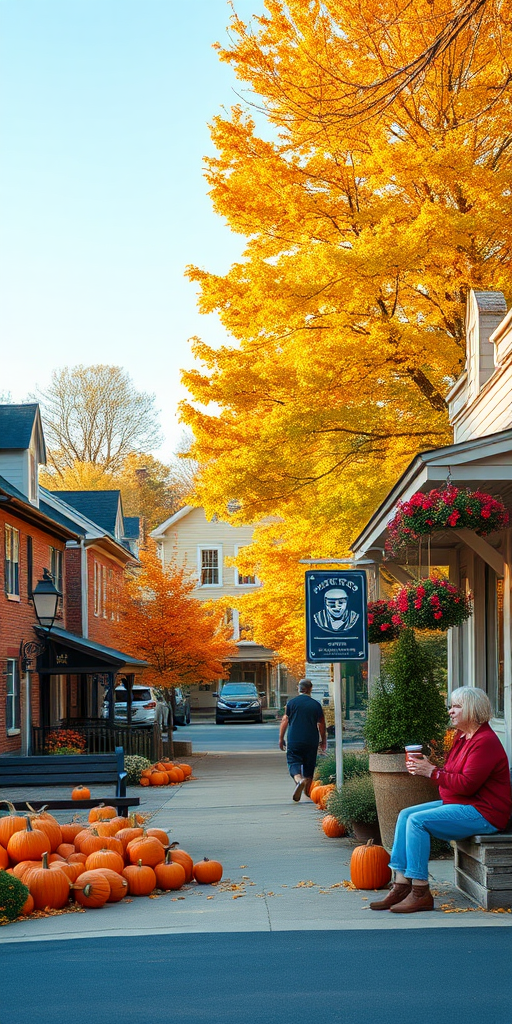 Depict an HD wide format image showing a bucolic New England town heading into fall and all of the highlights that come with the fall season. Including things like leaves changing color, pumpkins, people with fall coffee drinks and football.