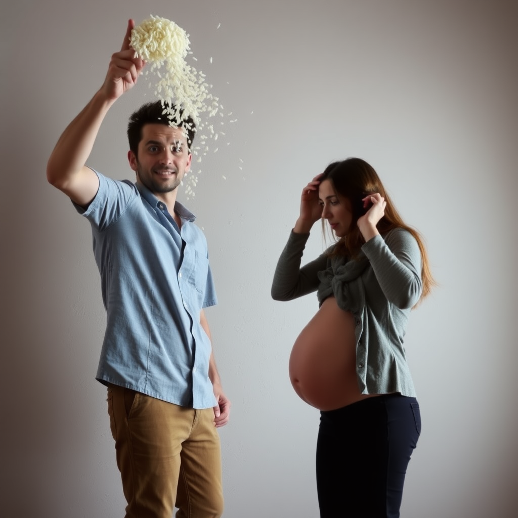 A young Caucasian man throwing rice at the wall, while his pregnant wife cowers in fear.