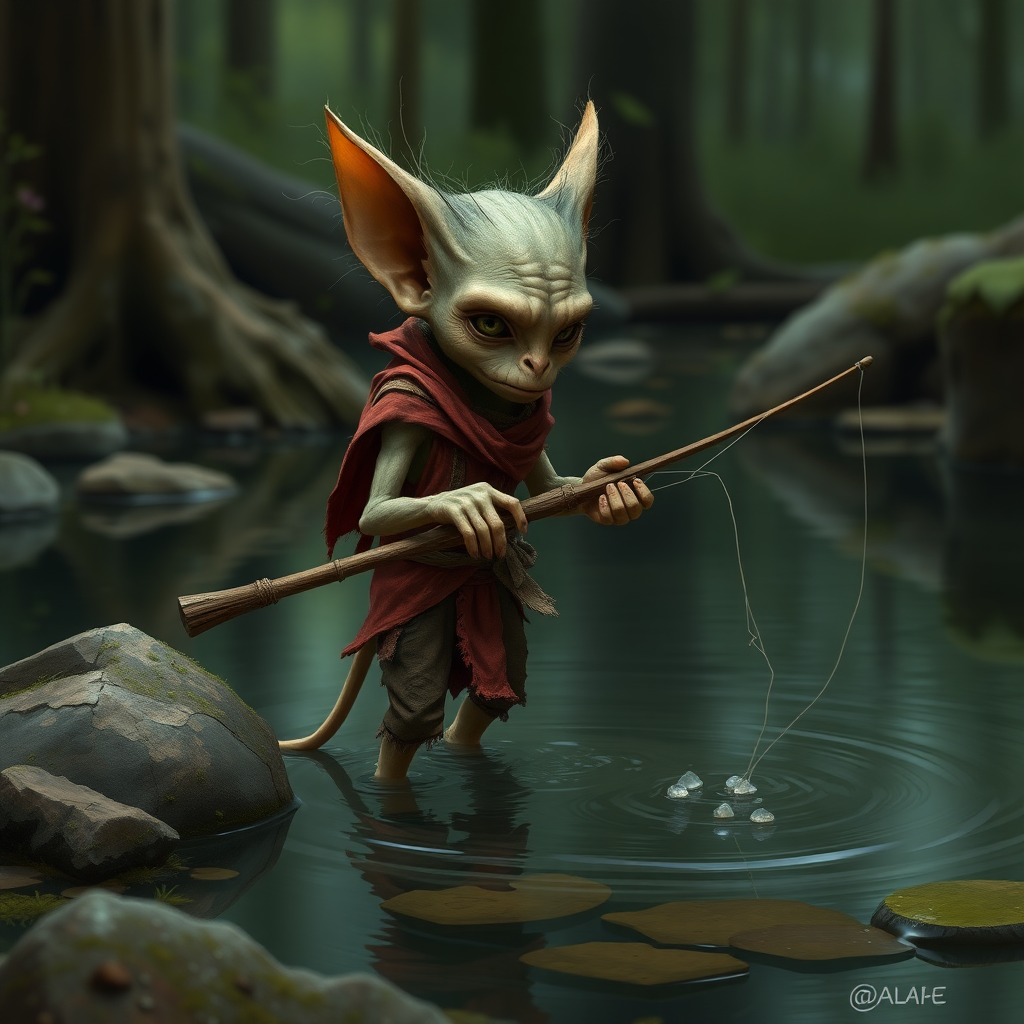 A small, skinny kobold in a tattered red tunic and dirty brown pants fishing in a small forest pond