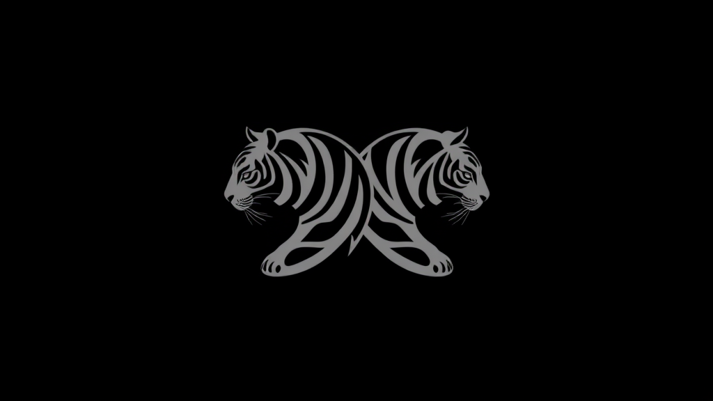 Create a minimalist, monochromatic logo design of two serene tigers in the style of Sak Yant tattoo art. The tigers look calm, not fierce or scary.