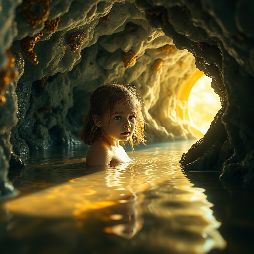 a young girl in a flooded cave, bjd, high quality photo, intricate environment, ultra-detailed, impressionistic, dynamic composition, artistic photograph, geode, alabaster, gold, fractal, intense colors, glittering, sunlight, illumination, transparency, mandelbulb