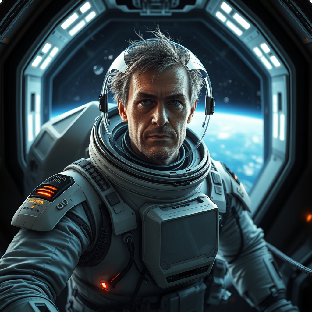 Depict Ryland Grace, a human astronaut from the book Project Hail Mary, aboard a futuristic spacecraft. He is wearing a sleek, modern space suit with a transparent helmet revealing his face, showing determination and intelligence. Grace is middle-aged with short, disheveled hair and a slightly rugged appearance, the result of his long journey in space. The suit is adorned with glowing indicators and advanced life-support systems. Ryland is in his suit outside the ship trying to pull himself back to the ship with a metal cable. The environment should evoke a sense of isolation in deep space, yet there is a focus on his critical task of saving humanity.