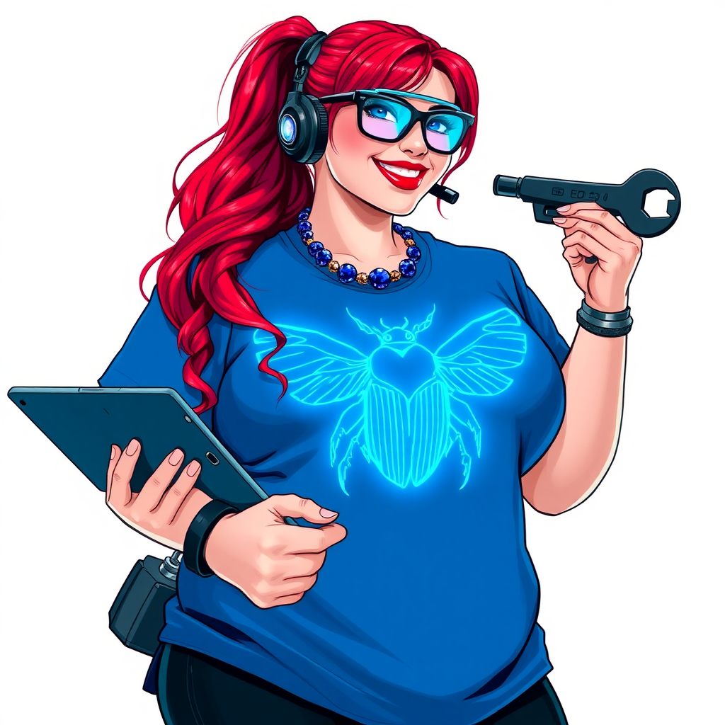 A cyberpunk vigilante’s full-figured intelligent and tech-savvy 29-year-old girlfriend, who is a computer hacker and tech genius. She has a long ruby red ponytail and bright blue eyes. She wears a sapphire beetle gemstone necklace, and an oversized Maximum Blue (RGB 71, 171, 204) t-shirt featuring a giant neon blue glowing chest icon of a winged beetle. She has a full-figured physique with a prominent, gargantuan, round midsection, reflecting her well-cared-for lifestyle. The midsection is heavily emphasized. She sports a sapphire headset with hi-tech Maximum Blue (RGB 71, 171, 204) lensed HUD visor, Maximum Blue (RGB 71, 171, 204) lipstick, black eyeglasses, and a beaming smile with a passionate bright red blush. Despite her figure and a lack of self-esteem, she radiates an air of beauty. She has an angular face which contributes to her radiant beauty. She serves as his tech expert from his hideout, holding a holographic tablet and a hi-tech tool wrench. The background is solid white. She is drawn as if she was in a retro 2D cyberpunk fighting game. Make sure her shirt covers her round midsection.