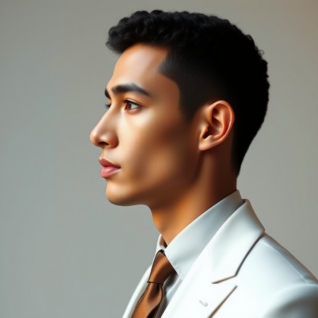 Model man in profile, dressed in a light elegant suit, patent leather shoes, very short fine curly hair, oval face, small nose, brown eyes, thin lips, normal attached ears, slight double chin, Mediterranean complexion, very thin eyebrows.