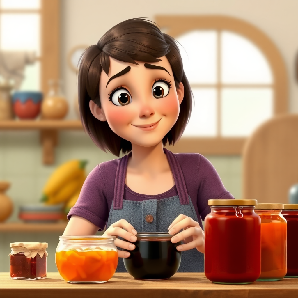 Create an image in Pixar style of a 35-year-old young woman with Down syndrome. She has a round face, small eyes, a small nose, and short hair. She is making jams and there are jars of jam beside her.