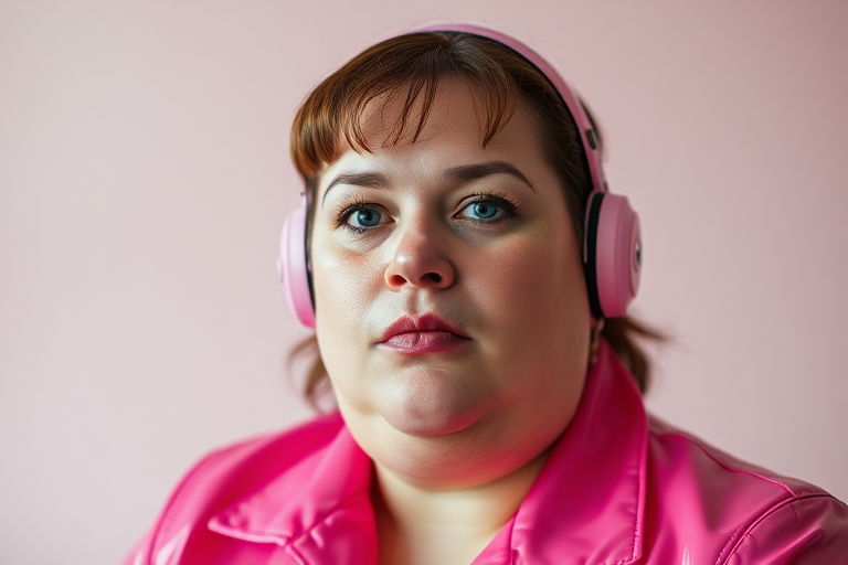 35 year old woman, fat face, pink pvc suit