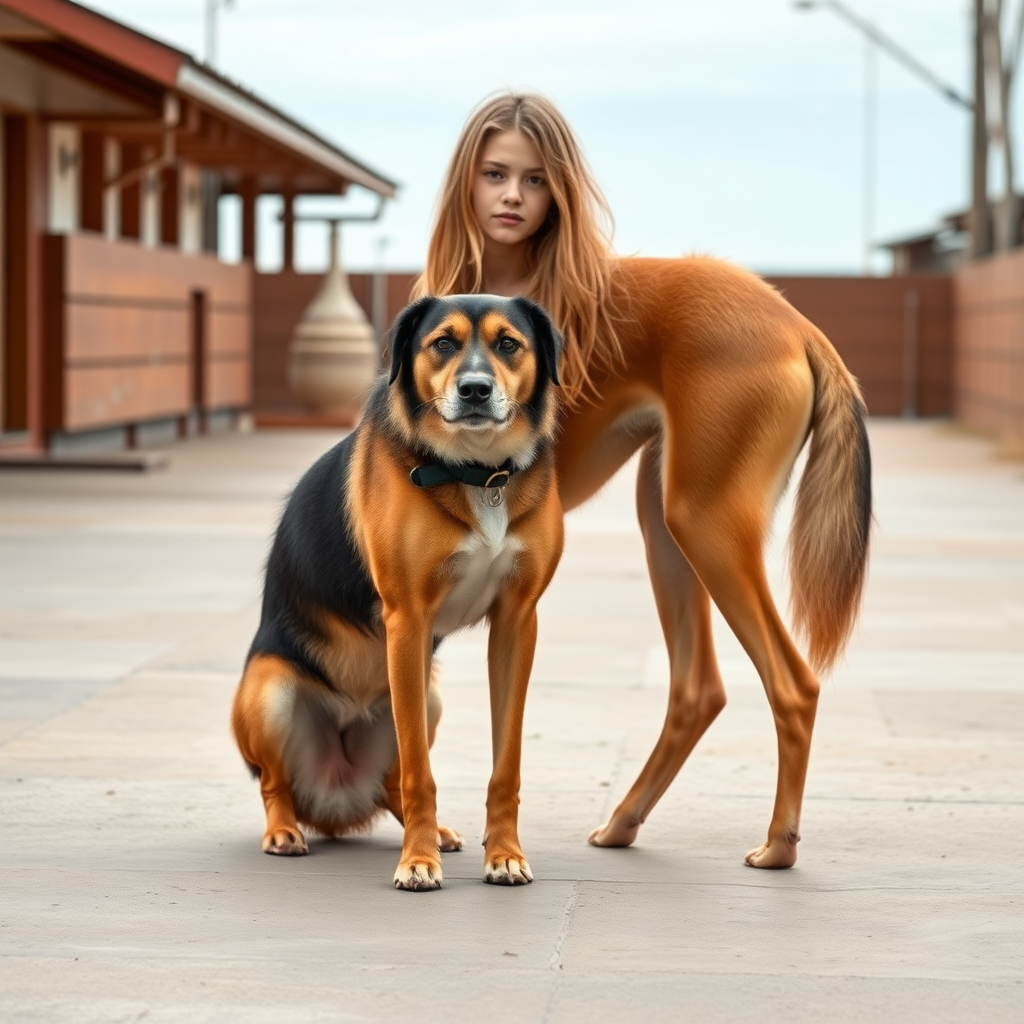 A tall slender and skinny 13-year-old teen harem boy, long hair, long legs, bare thighs. Full-length view. With a strong muscular dog