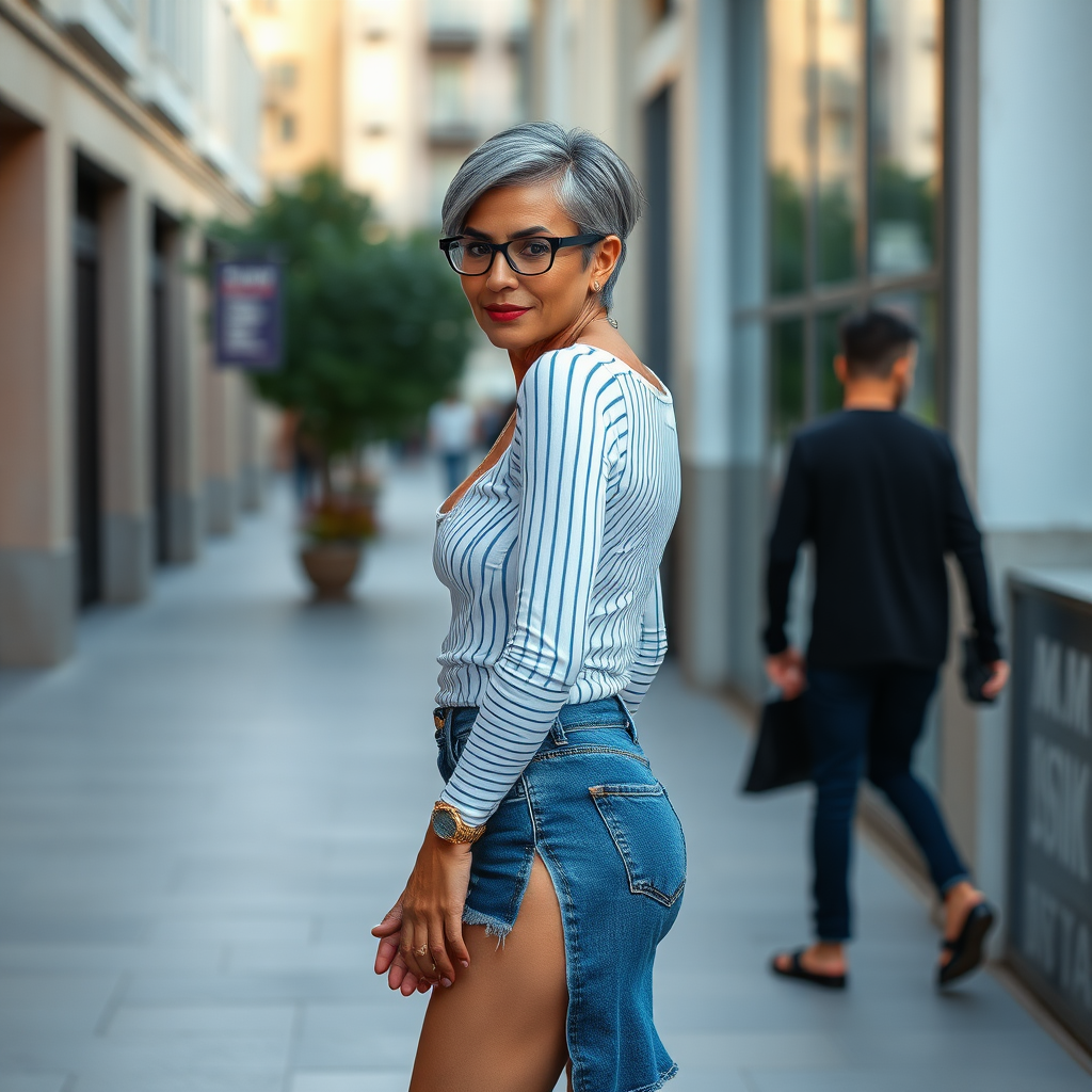 sexy Woman, 35 Years old, European, Latina, sharp aquiline nose, wrinkles, high cheekbones, Middle Eastern, Skinny, Tanned skin, Dark light skin, Makeup, Serious face, frowning, smiling, jewelry, Ash dark grey hair, bowl haircut, Slicked short hair, Short hair, black eye color, Glasses, detailed features, tight white and blue striped sheet shirt, bra line, tight jean slit skirt, long legs, high heels sandals, round ass, walking, full body, long establishing shot, side back view