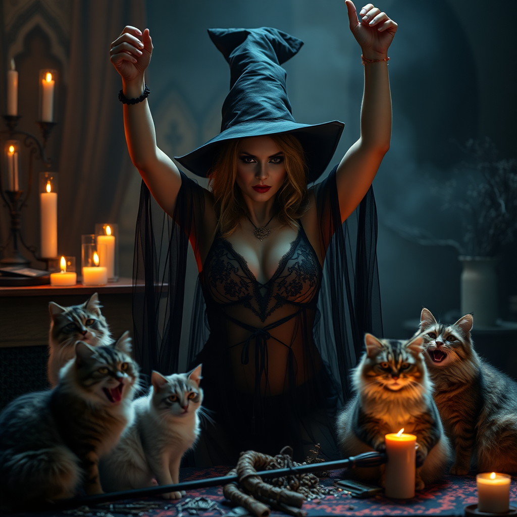 imagine: An elegant witch with a beautifully sinister face both arms up menacingly at the viewer intensely with one arm up high in the air. She's wearing diaphanous negligee. Cosplayed by a Romanian dancer. The scene is dramatically lit and filled with amazing details and the tools of the witchcraft trade. Several Siberian cats do her bidding.