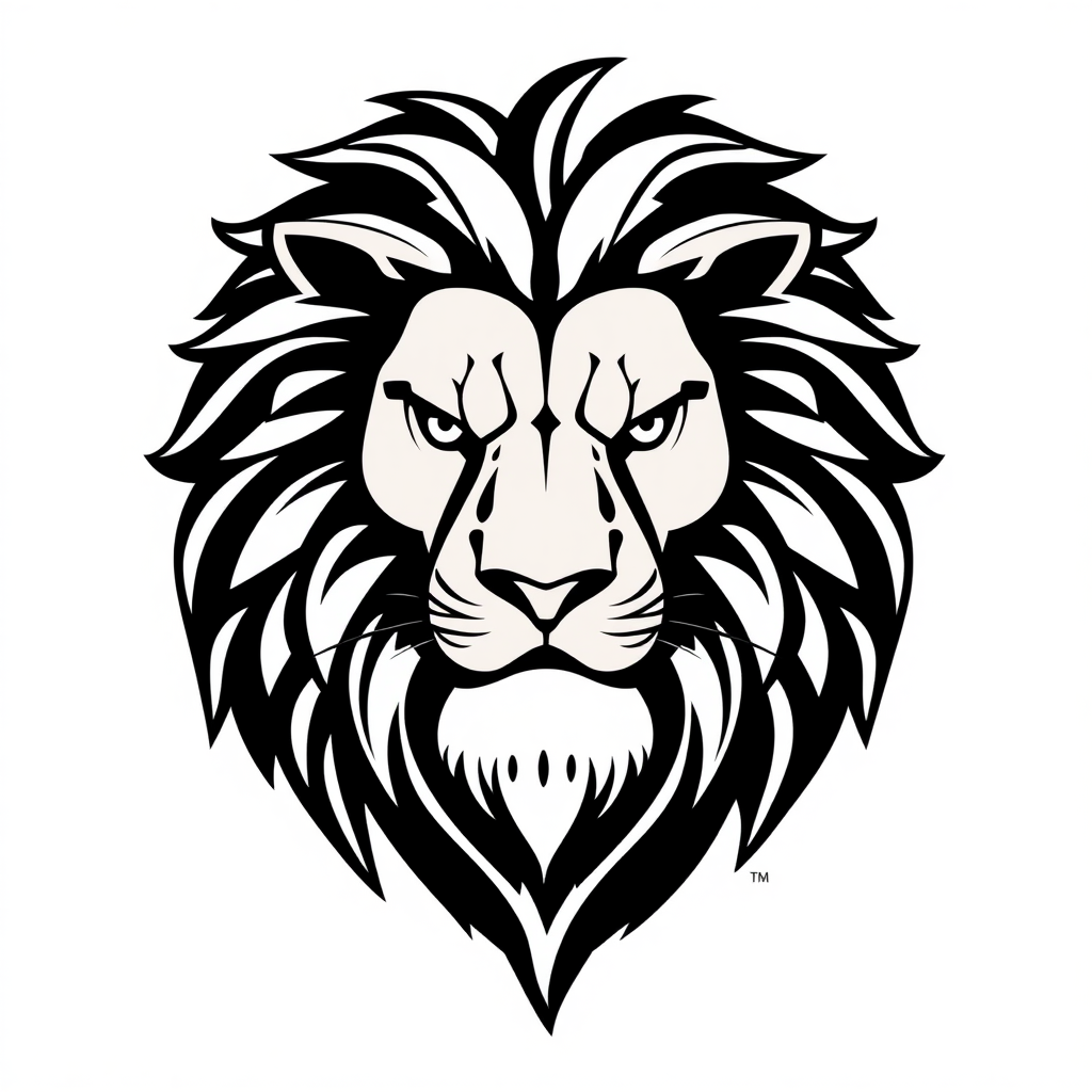 Create a logo design of a stylized lion, illustrating a majestic and powerful expression. The lion should be drawn in black against a light background, highlighting its voluminous and intricately detailed mane. The artistic style of the illustration should convey strength and courage, making it suitable for use as part of a sports uniform or branding.