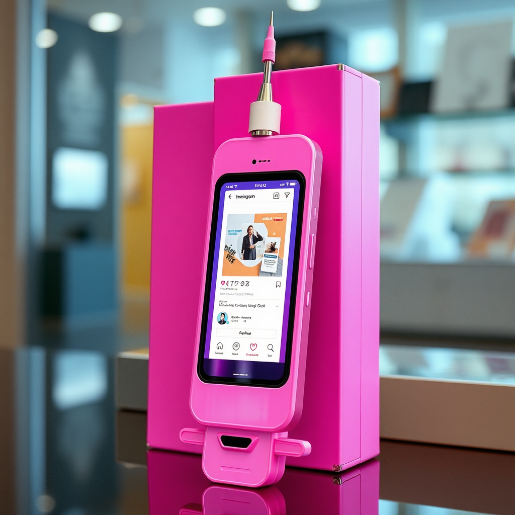 A close-up straight front view of a mobile phone in the shape inspired by a syringe, white pink futuristic, kept for sale leaning to a box, in a showroom, metallic body, touchscreen phone with Instagram page open on screen, needle on top, whitepunk.