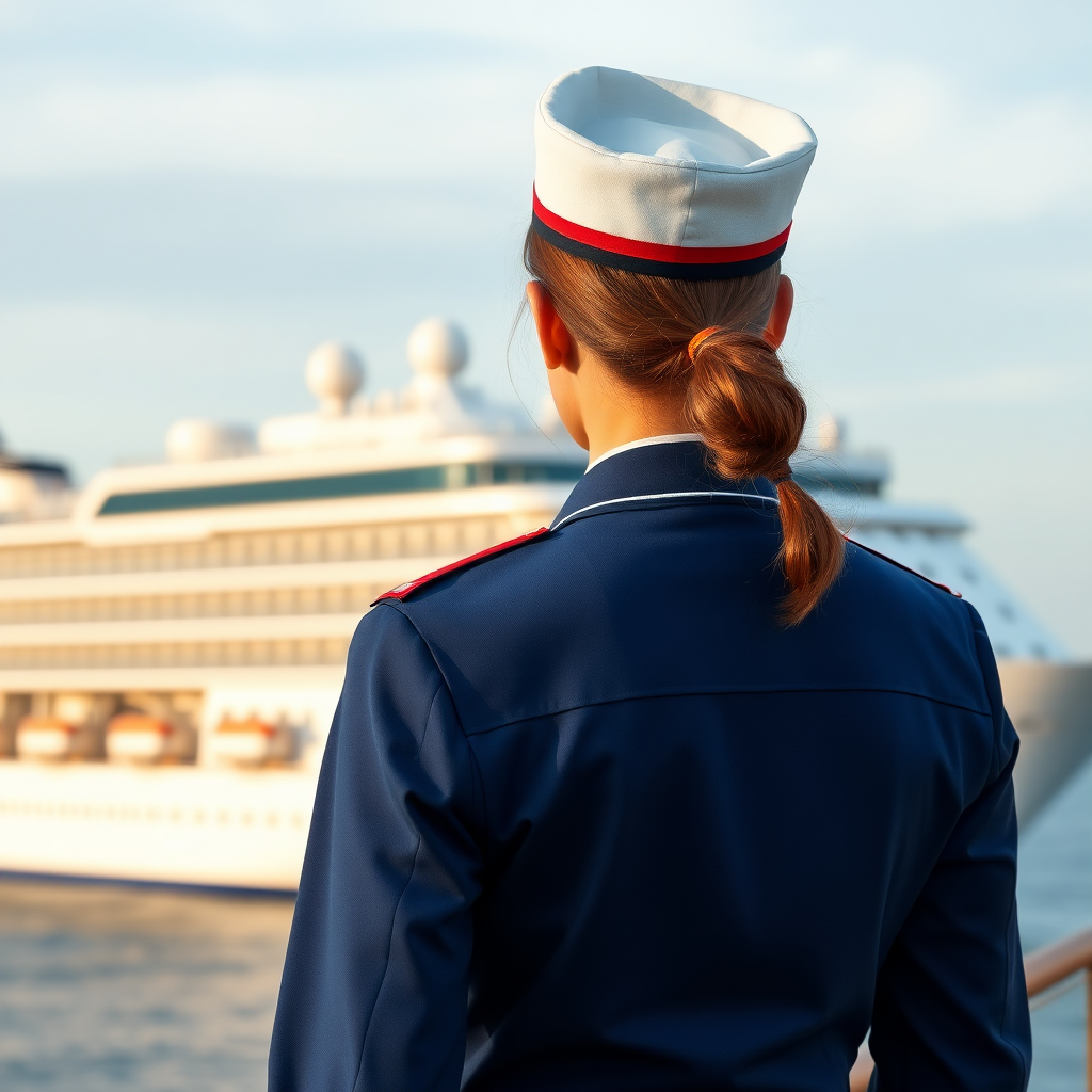 create a photo realistic image of a person who works in a cruise line dressed with uniform. In the background is a cruise ship. They are pictured from the back. Make the image rectangle and not square