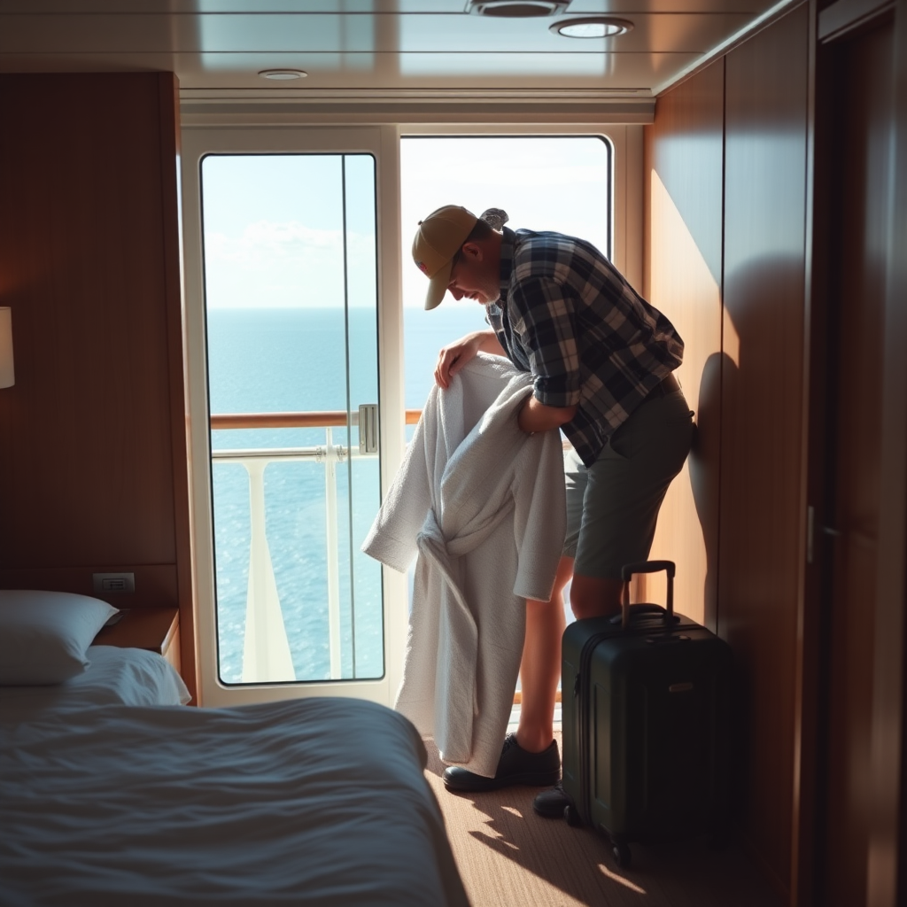 create a photo realistic image of a tourist in a cruise ship cabin putting into his suitcase a bathrobe. Make the image rectangle and not square